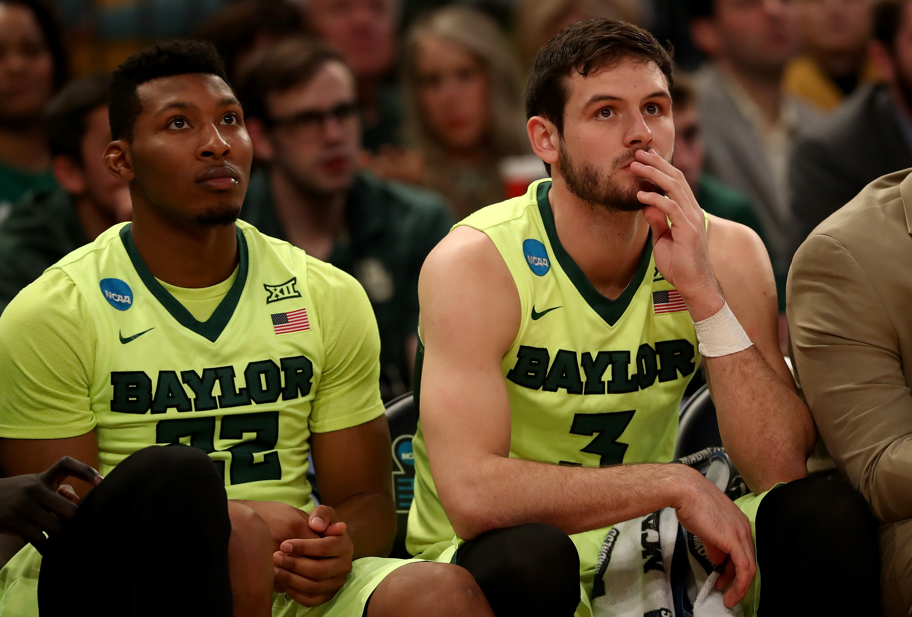 NEW YORK, NY - MARCH 24:  King McClure #22 and Jake Lindsey #3 of the Baylor Bears look on from the bench in the second half against the South Carolina Gamecocks during the 2017 NCAA Men's Basketball Tournament East Regional at Madison Square Garden on March 24, 2017 in New York City.  (Photo by Elsa/Getty Images)