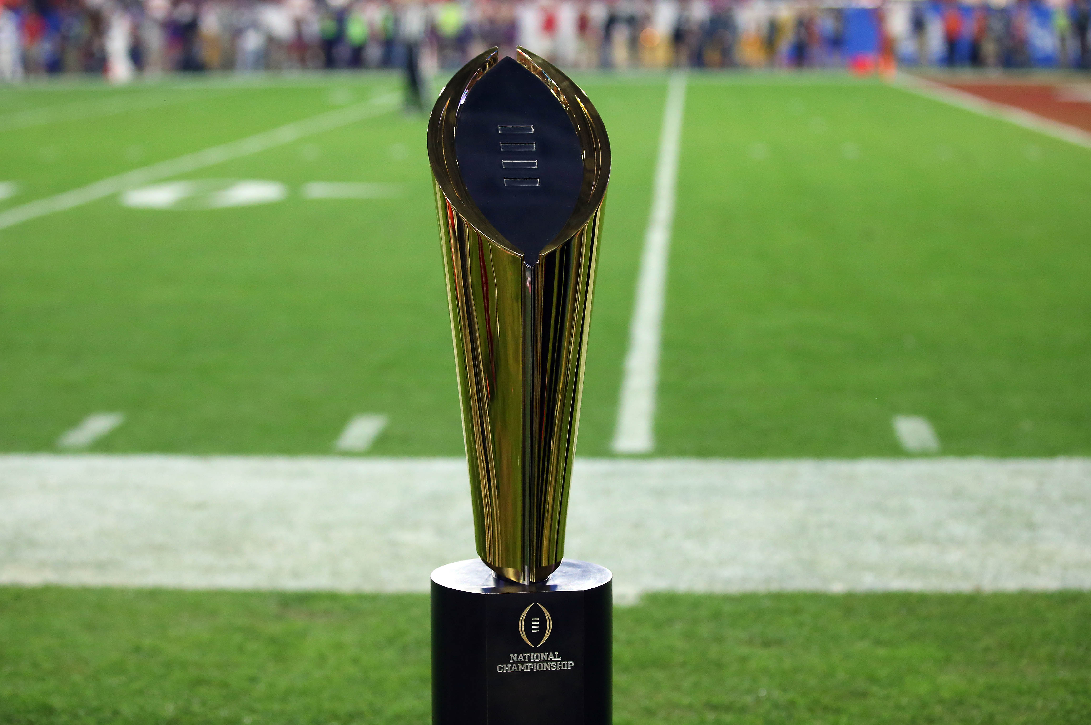 December 31, 2016; Glendale, AZ, USA;  General view of the College Football Playoff championship trophy during the game between the Clemson Tigers and Ohio State Buckeyes at University of Phoenix Stadium. Mandatory Credit: Matthew Emmons-USA TODAY Sports