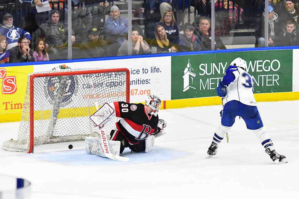 Syracuse Crunch hosts the Belleville Senators in American Hockey League (AHL) action at the War Memorial Arena in Syracuse, New York on Saturday, December 2, 2017. Syracuse won 5-4 in a Shootout.
