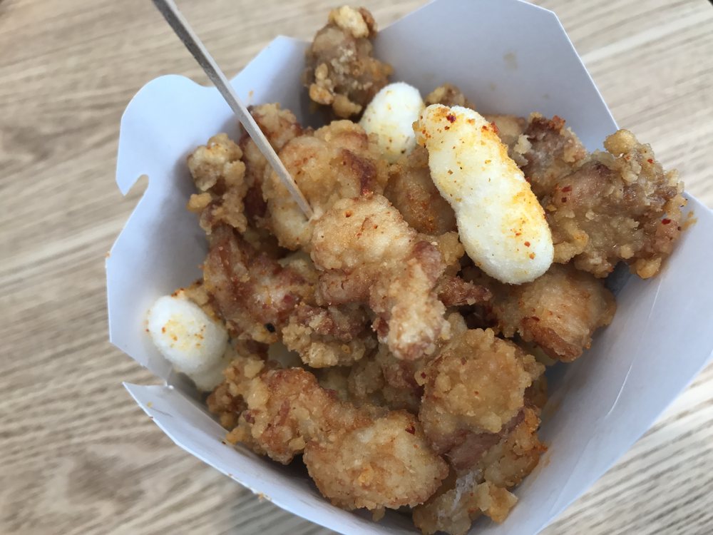 Korean fried chicken and fried rice cakes from Sunday Bird in San Francisco