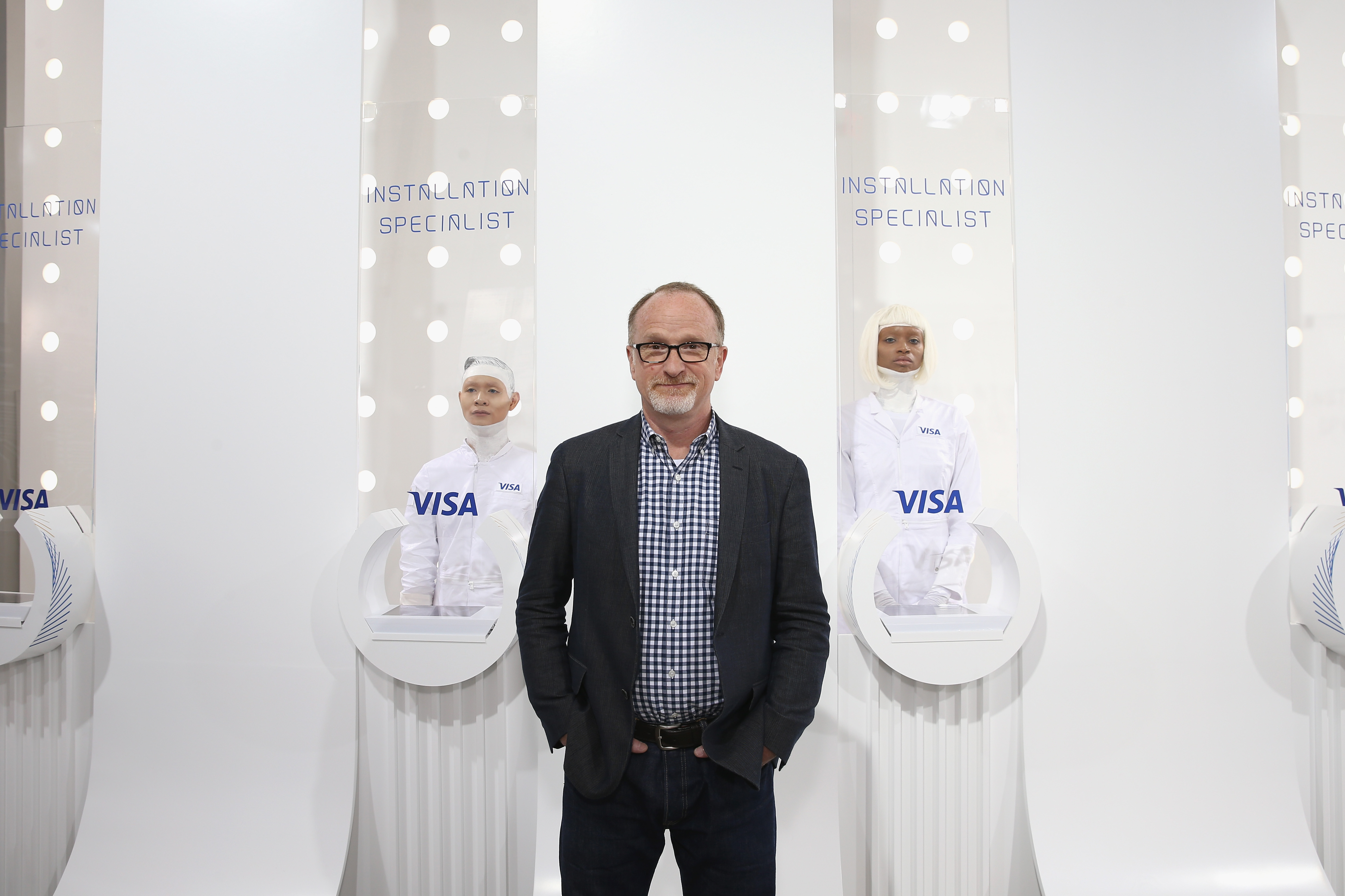 Visa’s then-innovation chief Jim McCarthy standing in front of Visa’s future of retail experience at the Wired Business Conference