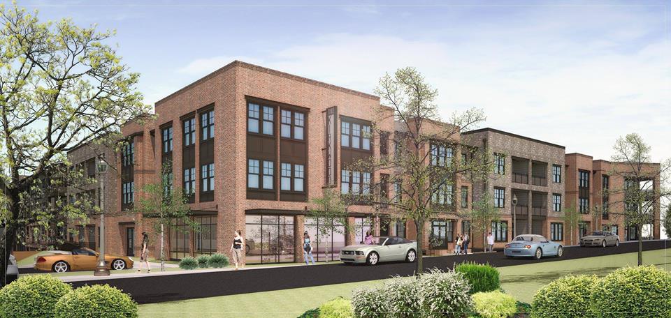 A rendering of forthcoming luxury apartment development The Kirkwood, scheduled for early 2018 delivery, hopes to add vitality to the neighborhood’s commercial village.  