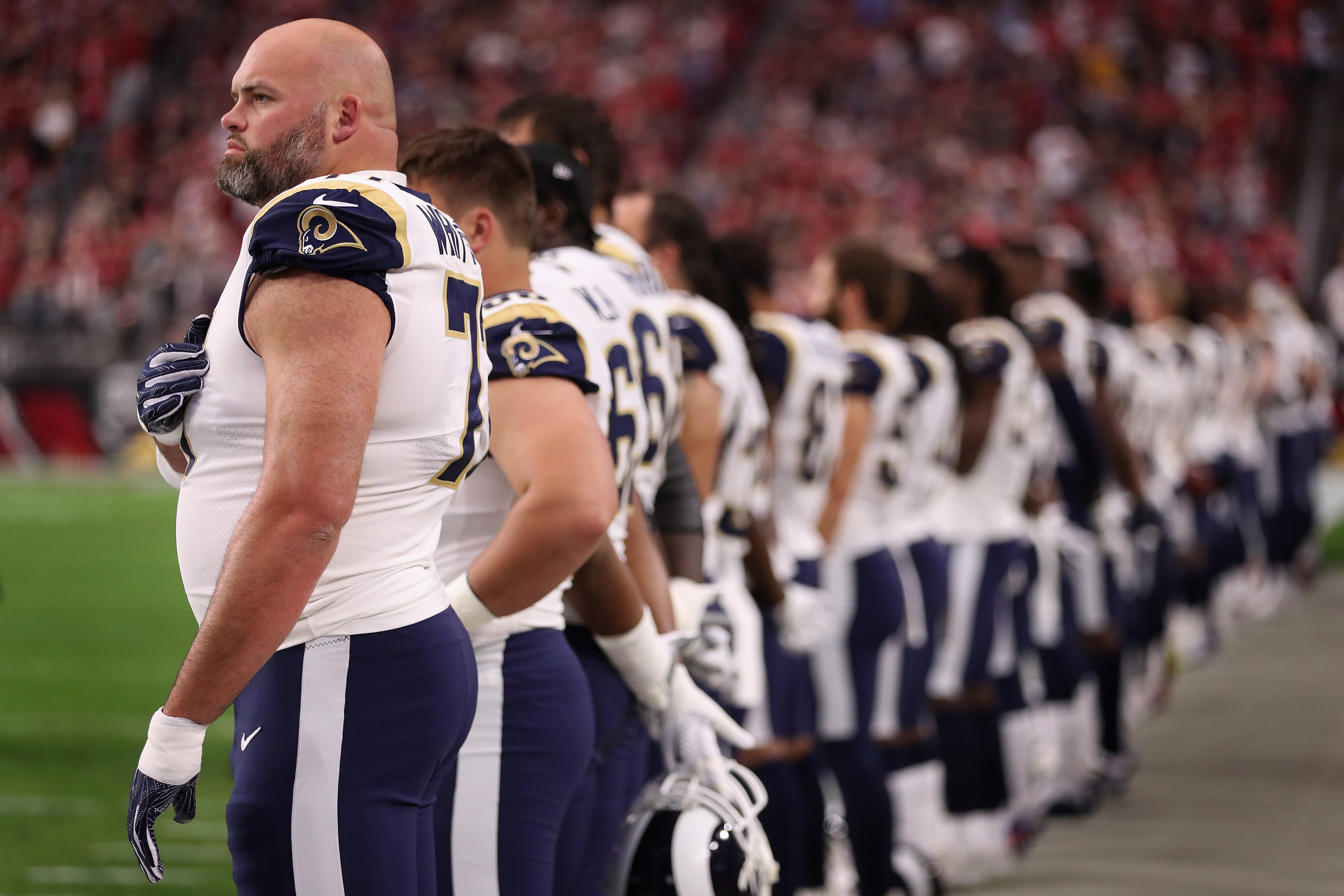 Los Angeles Rams LT Andrew Whitworth during the national anthem before the Rams’ Week 13 game against the Arizona Cardinals