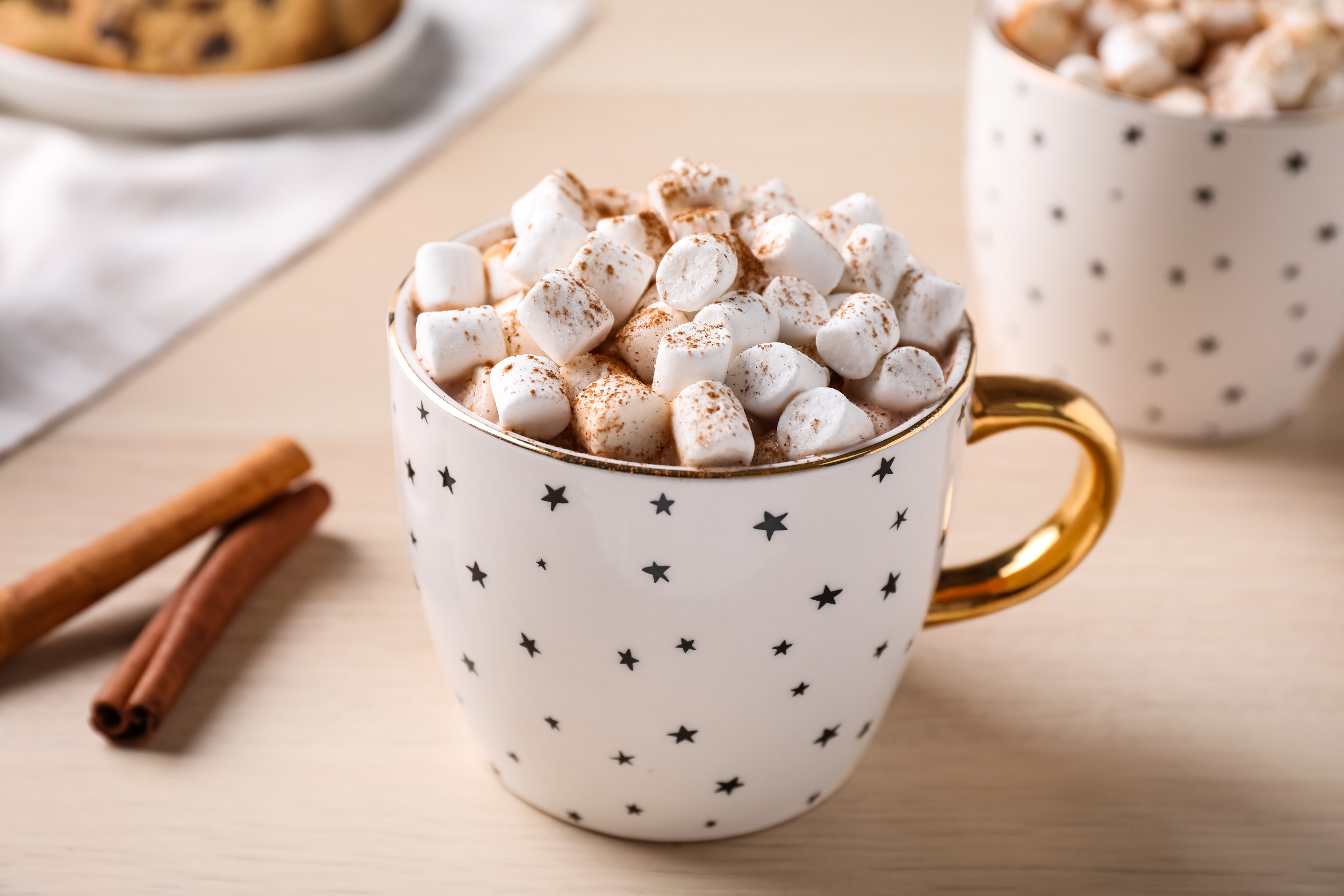 A cup of hot chocolate with lots of little marshmallows.