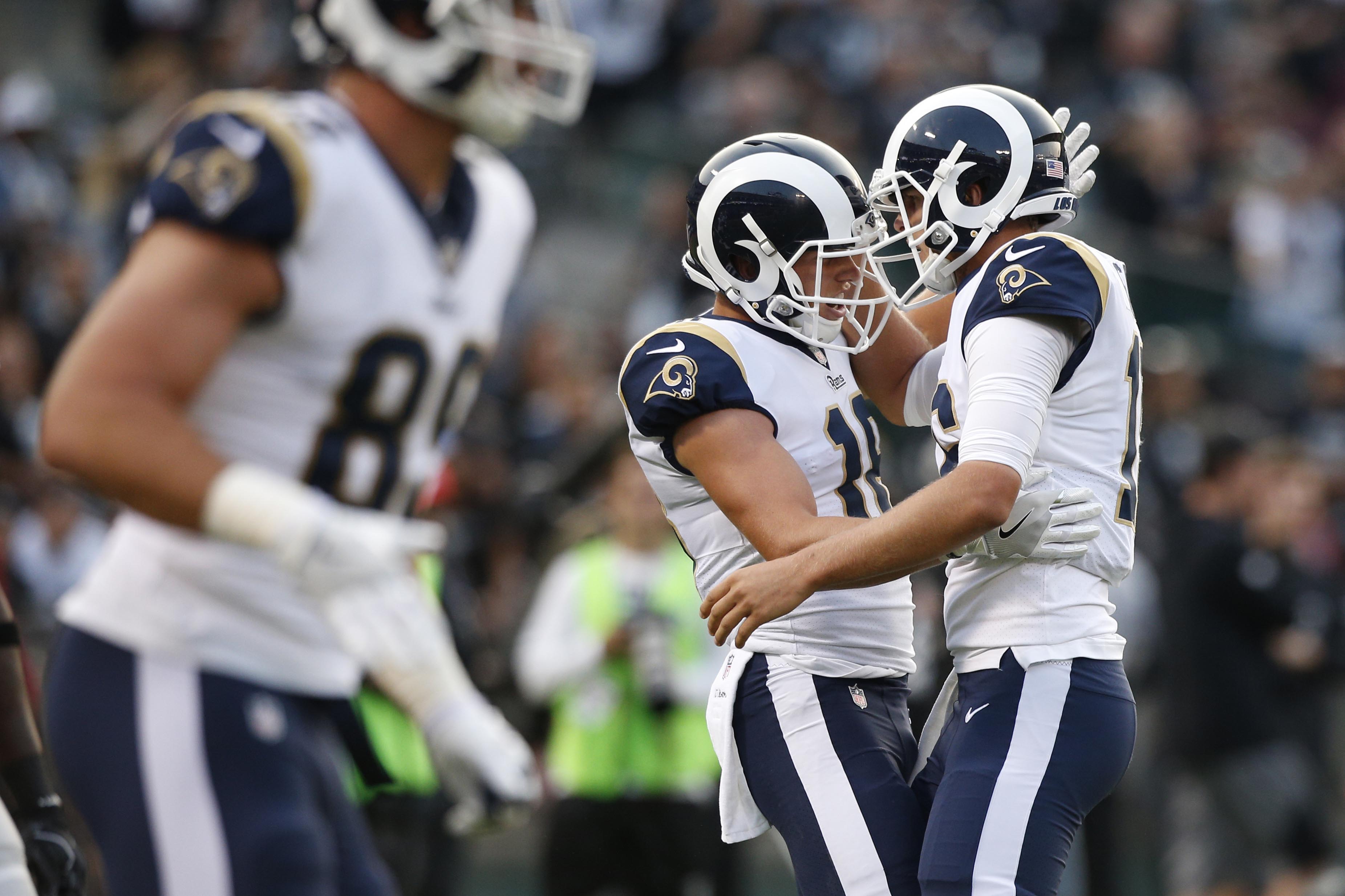 Los Angeles Rams WR Cooper Kupp celebrates scoring a TD with QB Jared Goff in the preseason
