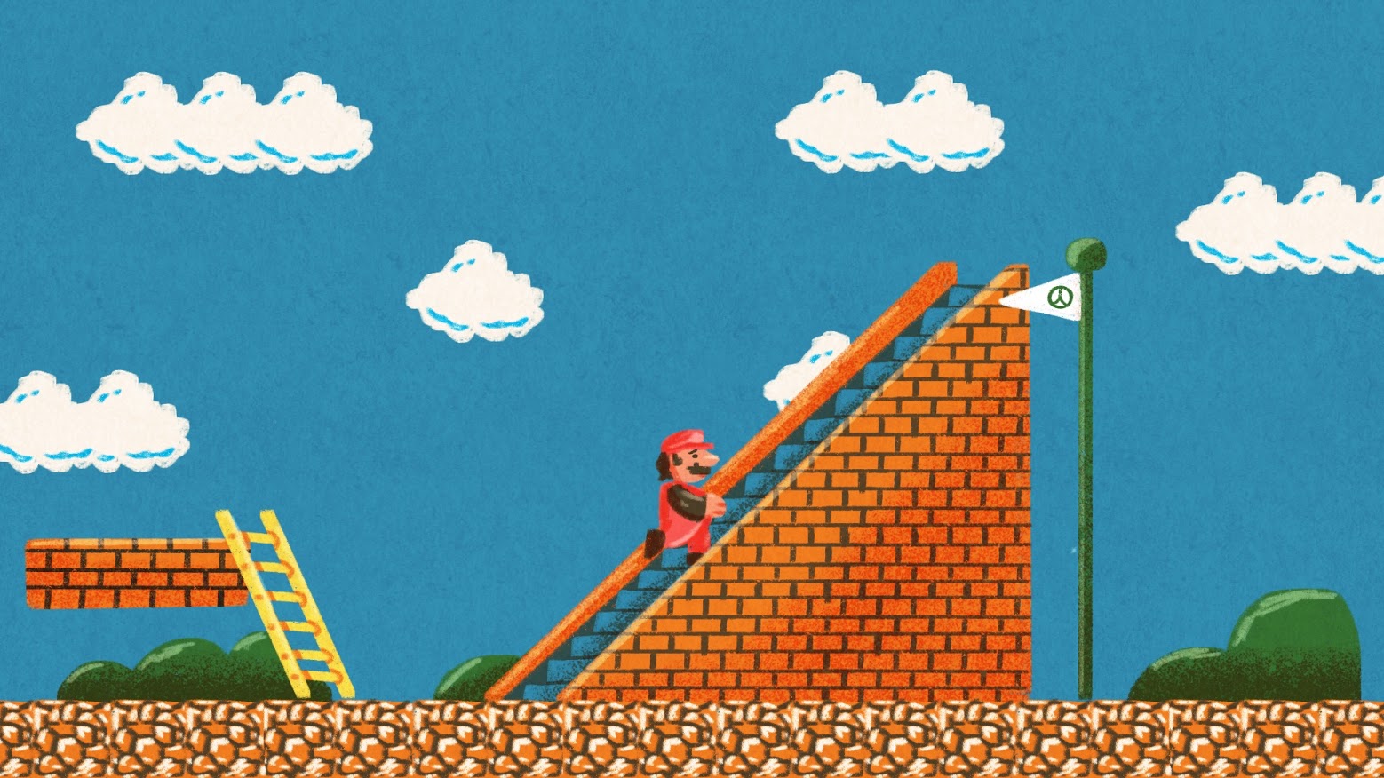 Mario takes an escalator