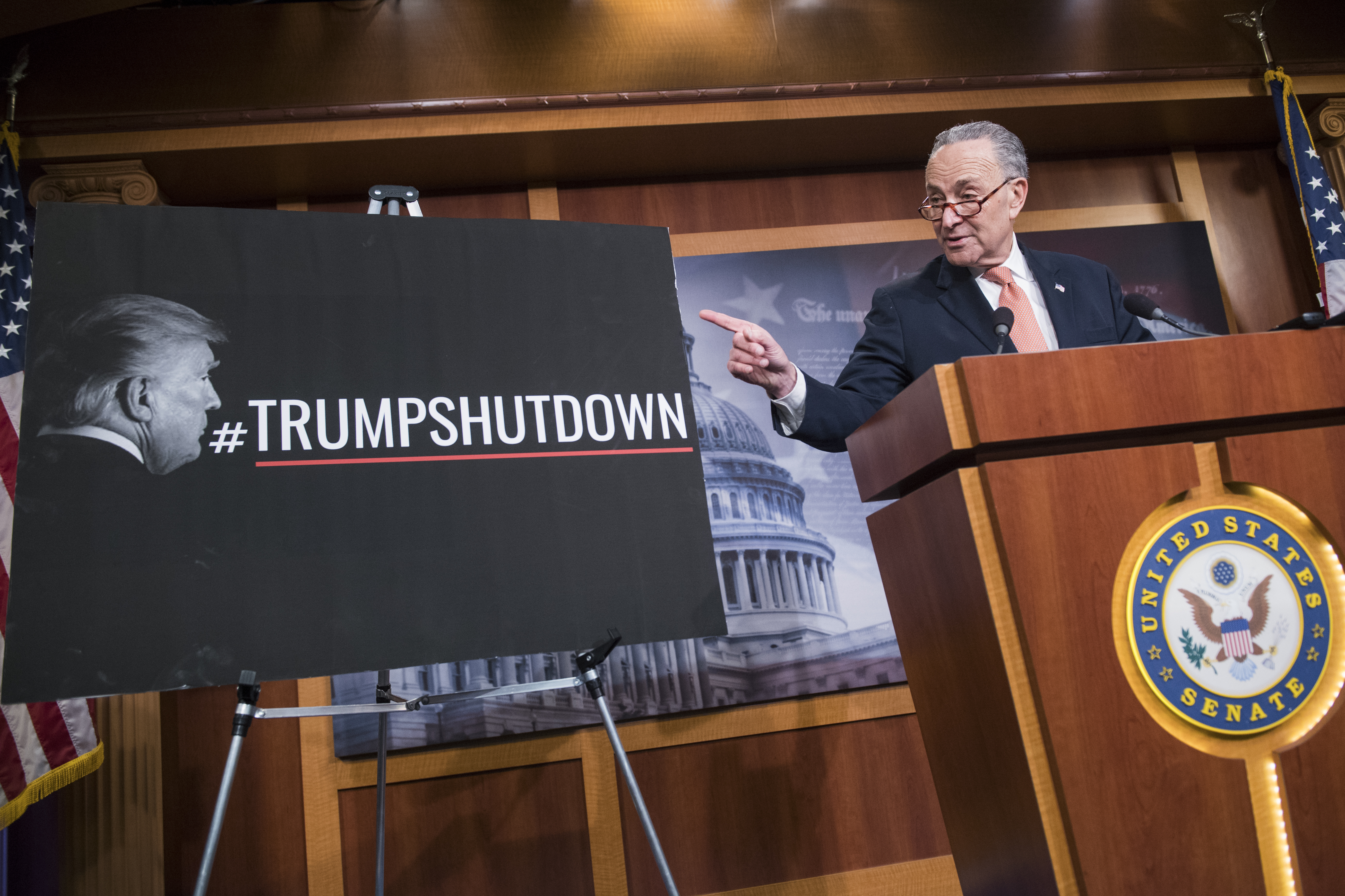 Senate Minority Leader Charles Schumer (D-NY) holds a news conference in the Capitol as Congress works on a solution to end the government shutdown