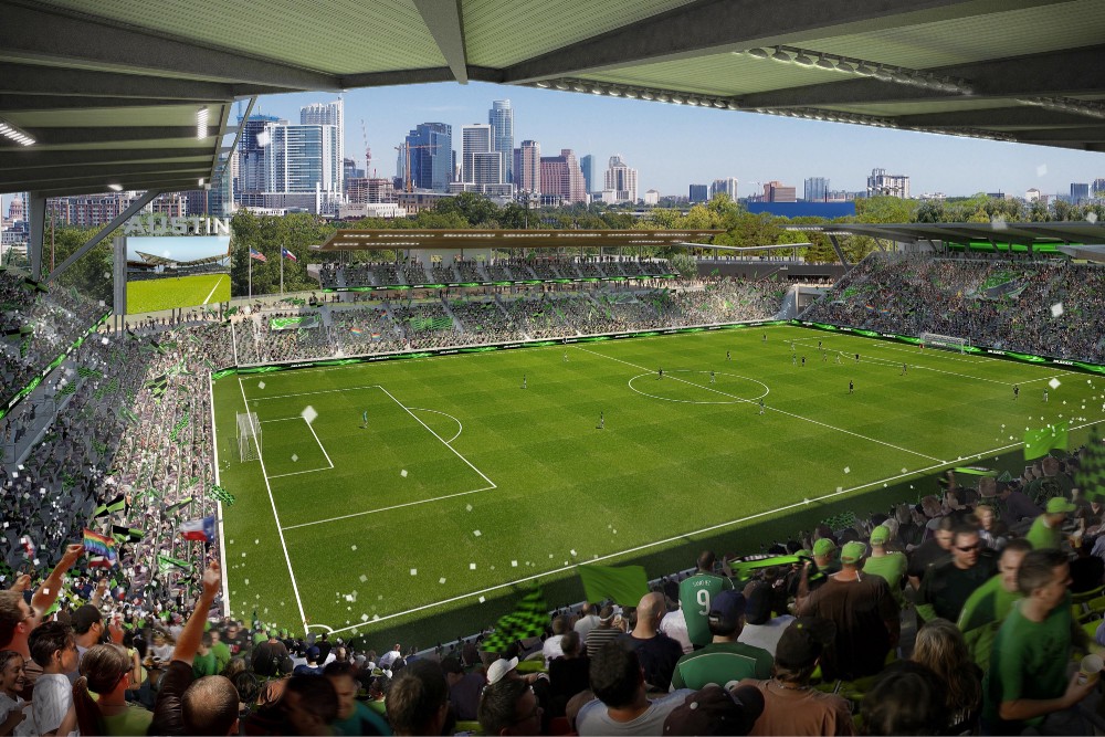 Rendering of soccer stadium with Austin skyline in the background