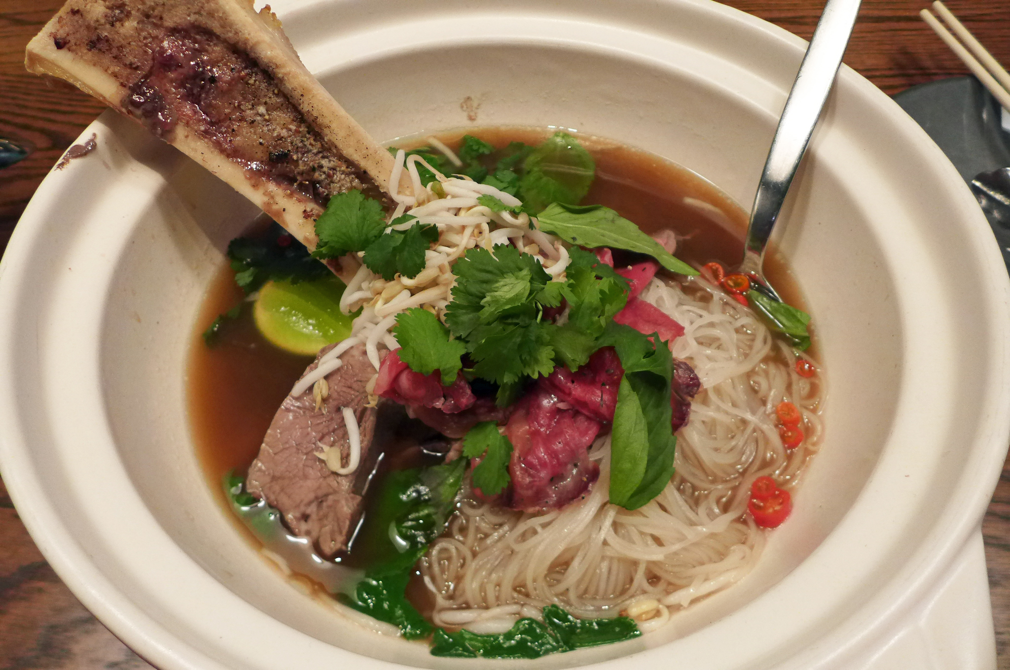 The three kings pho at Rice &amp; Gold offers two types of beef and bone marrow