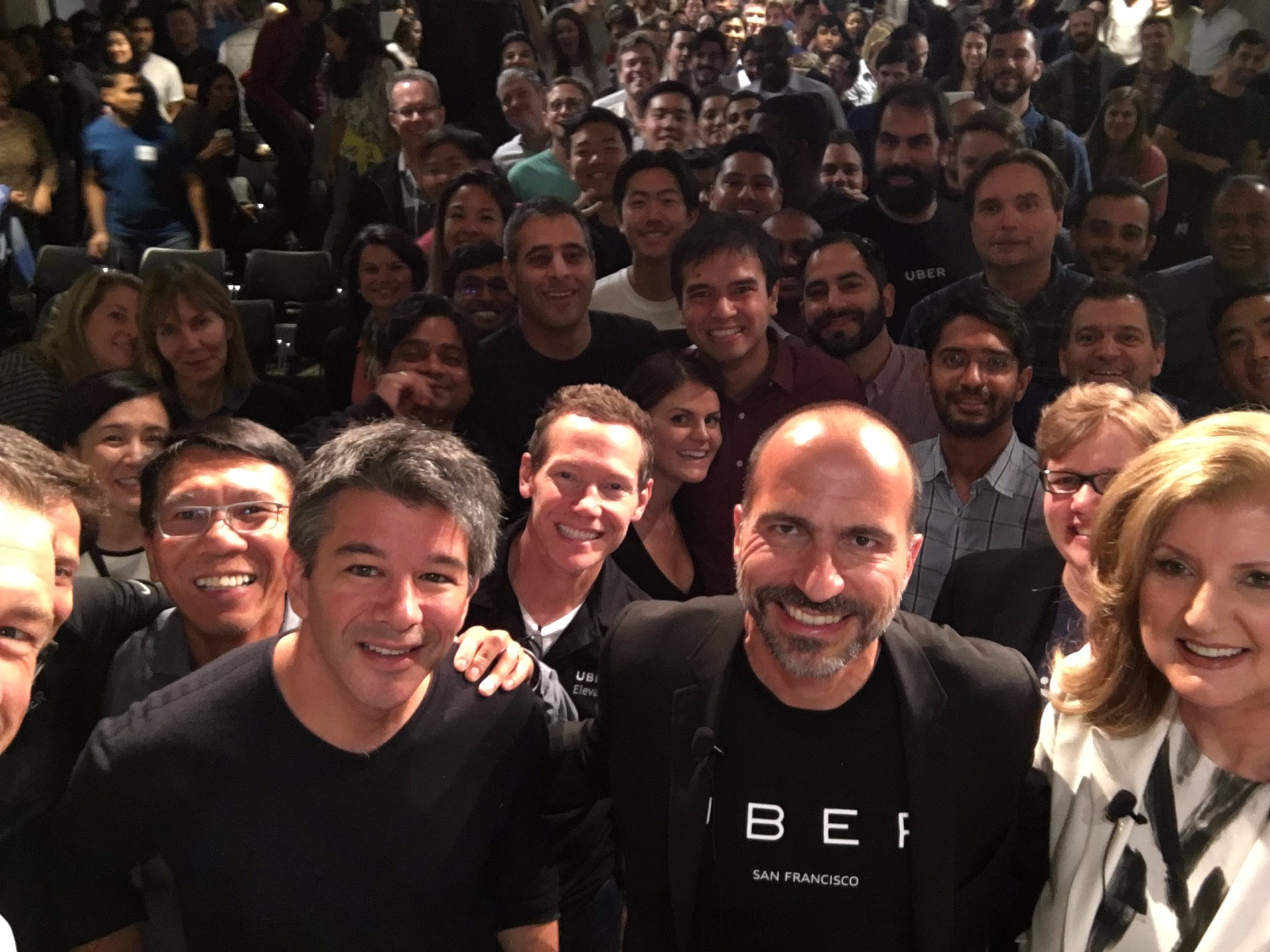 A selfie of Uber employees featuring former CEO Travis Kalanick, current CEO Dara Khosrowshahi and board member Arianna Huffington