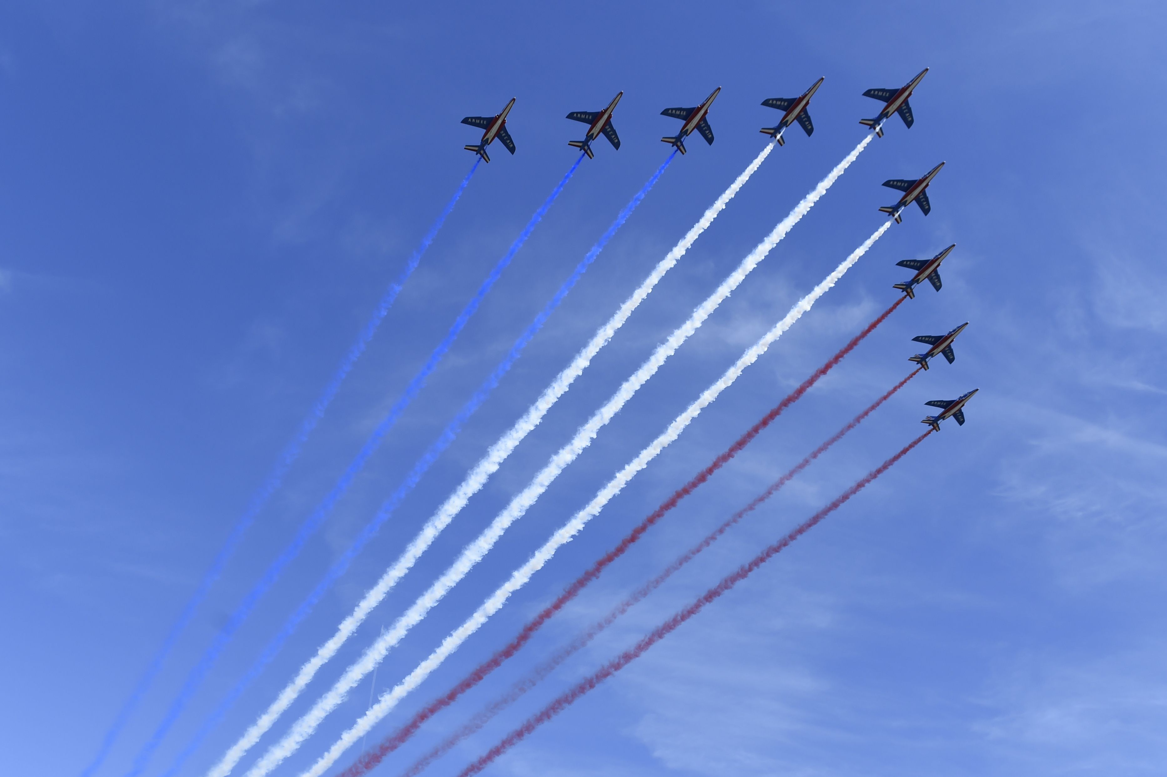 French jets fly over the Bastille Day parade, 2017.