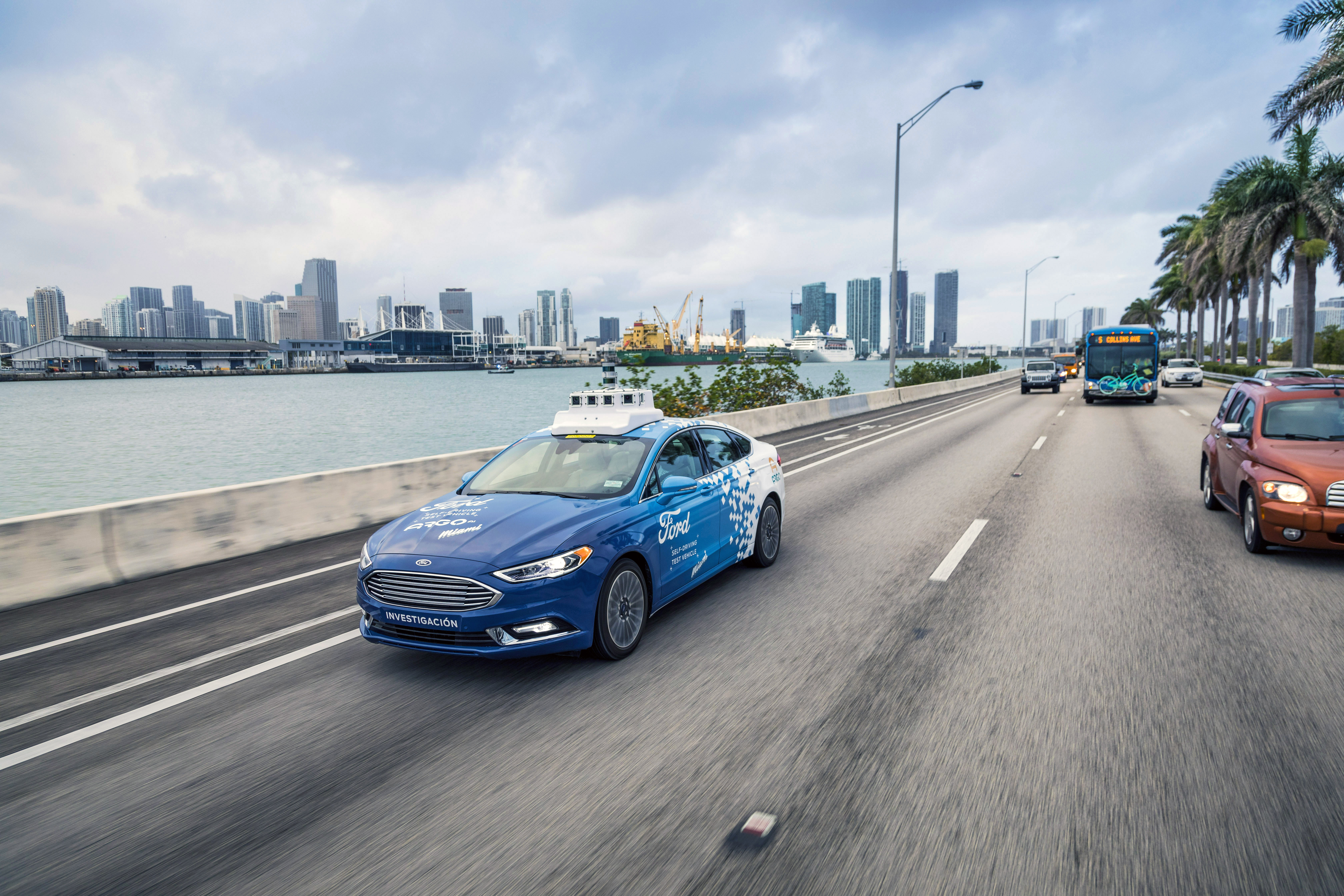 An Argo AI-powered Ford vehicle driving down the streets of Miami. 