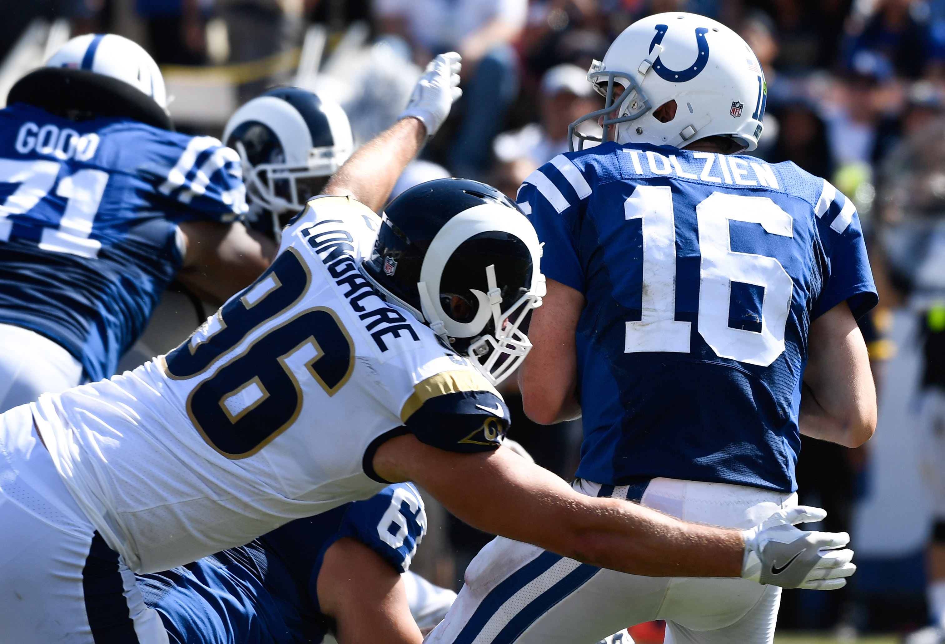Los Angeles Rams OLB Matt Longacre sacks Indianapolis Colts QB Scott Tolzien