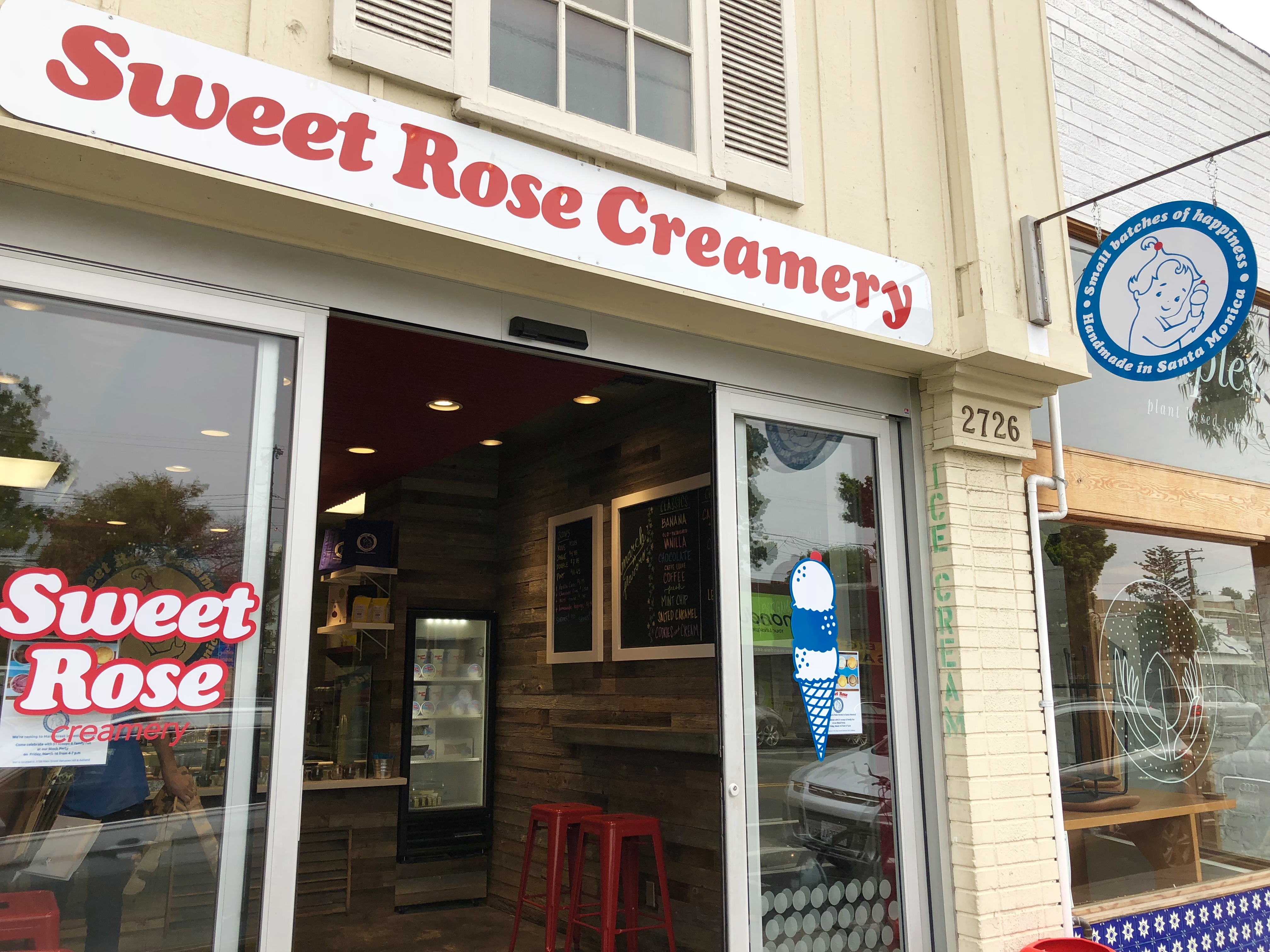 The exterior of an ice cream shop, Sweet Rose Creamery in Santa Monica.