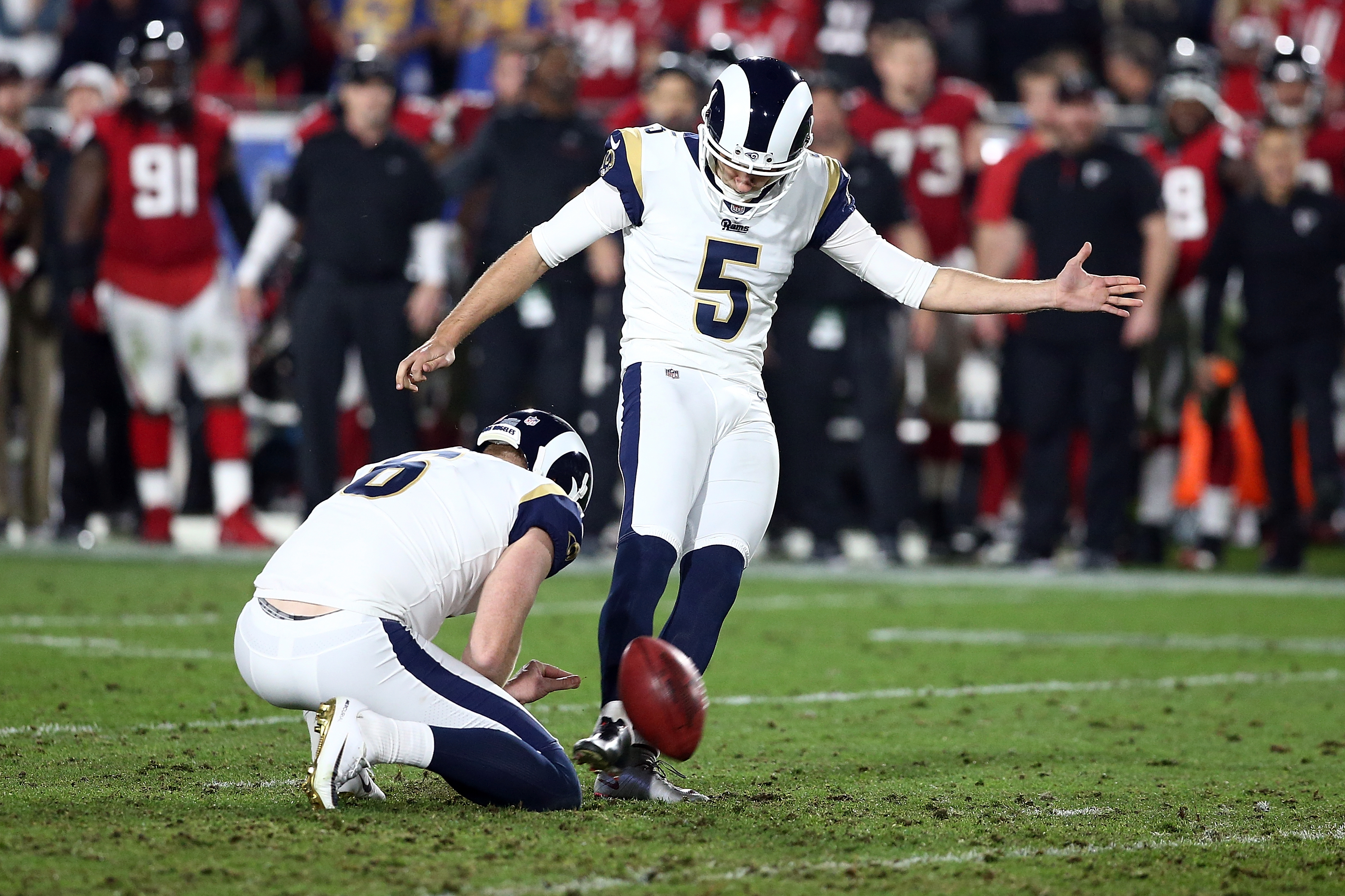 Los Angeles Rams K Sam Ficken kicks a field goal against the Atlanta Falcons in the Wild Card Round of the 2018 NFL Playoffs