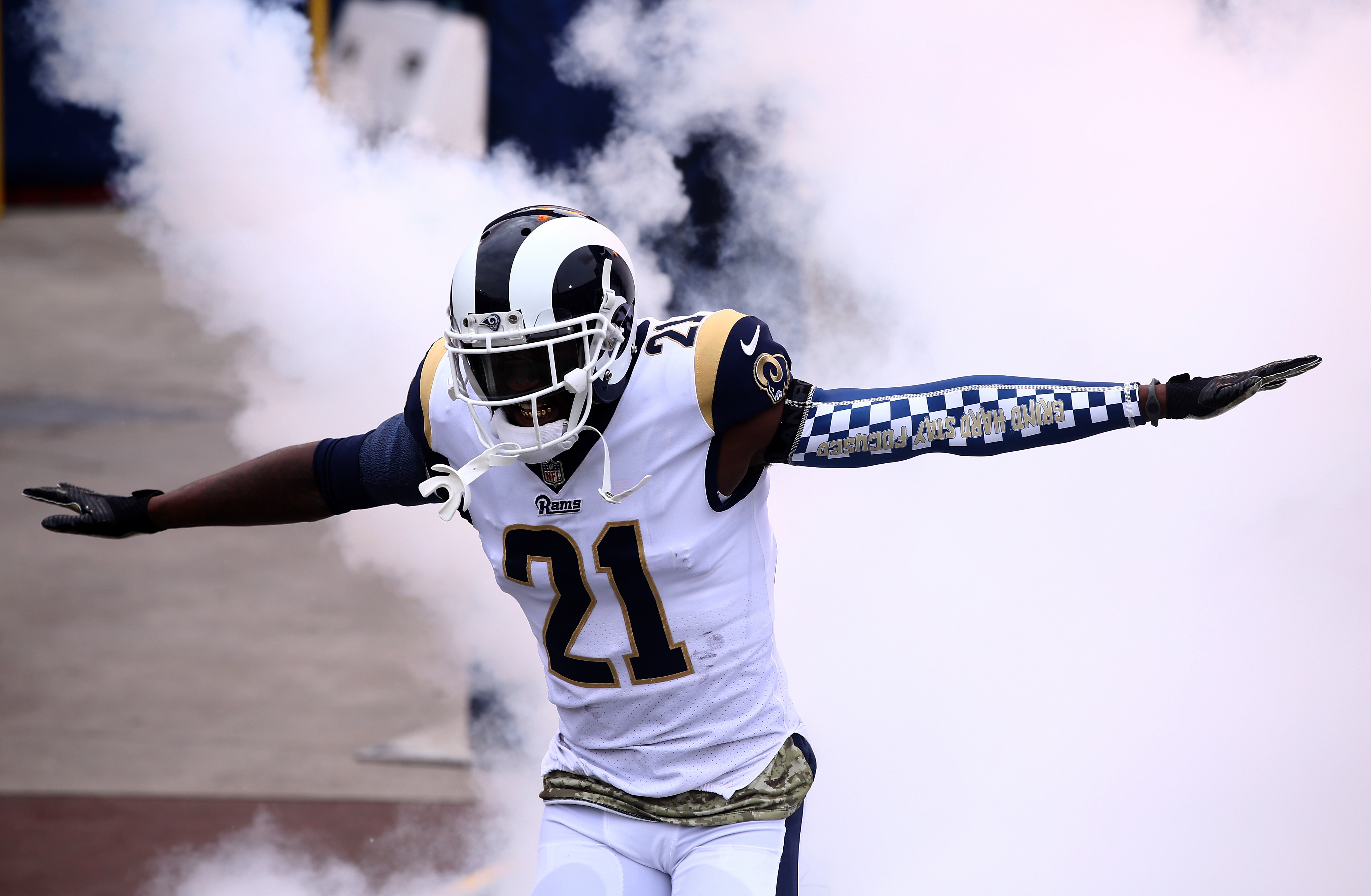 Los Angeles Rams CB Kayvon Webster enters the field prior to the game against the Houston Texans in Week 10 of the 2017 season