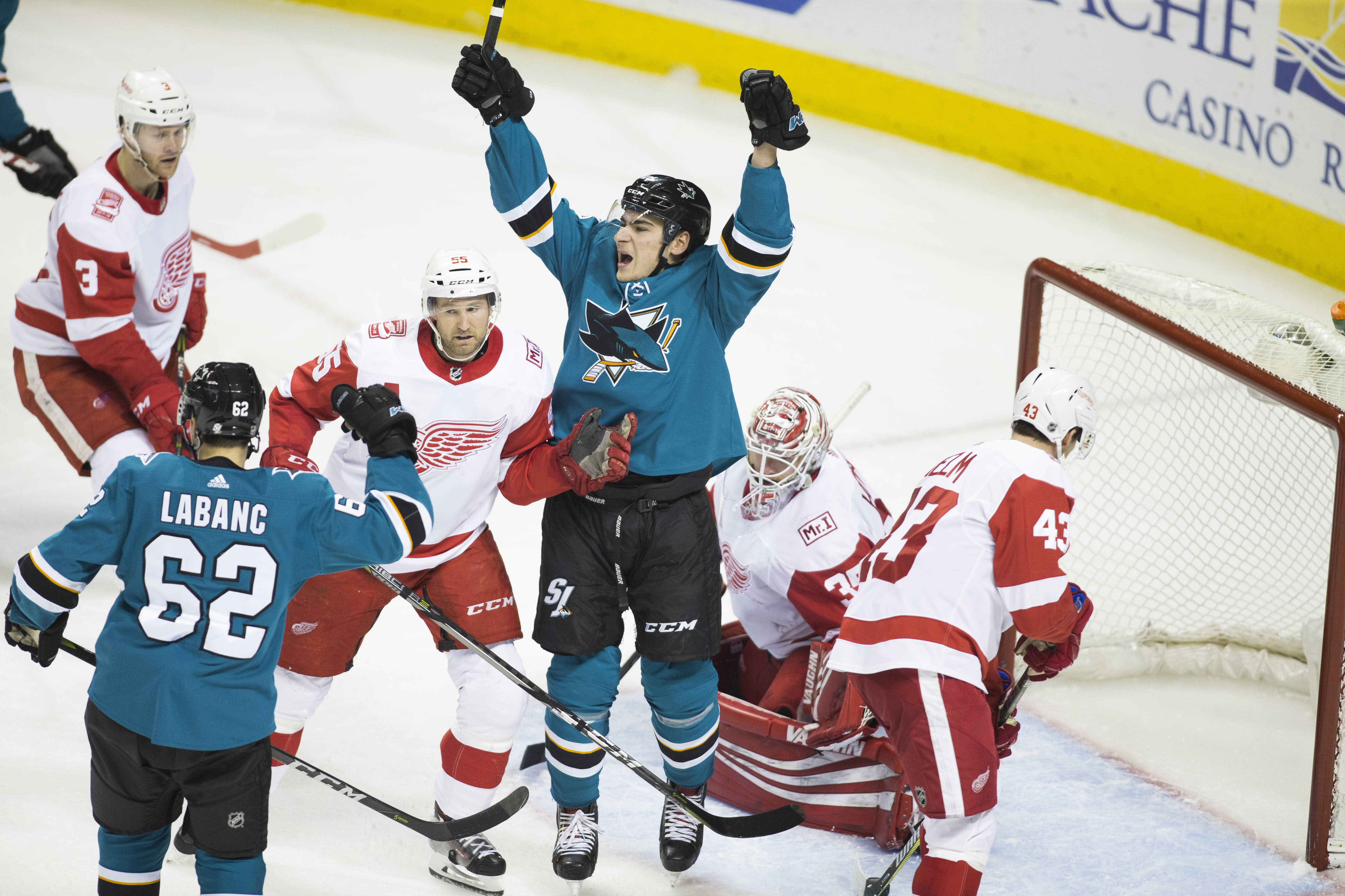 Mar 12, 2018; San Jose, CA, USA; San Jose Sharks right wing Timo Meier (28) celebrates after scoring a goal against Detroit Red Wings goalie Jimmy Howard (35) during the third period at SAP Center at San Jose.