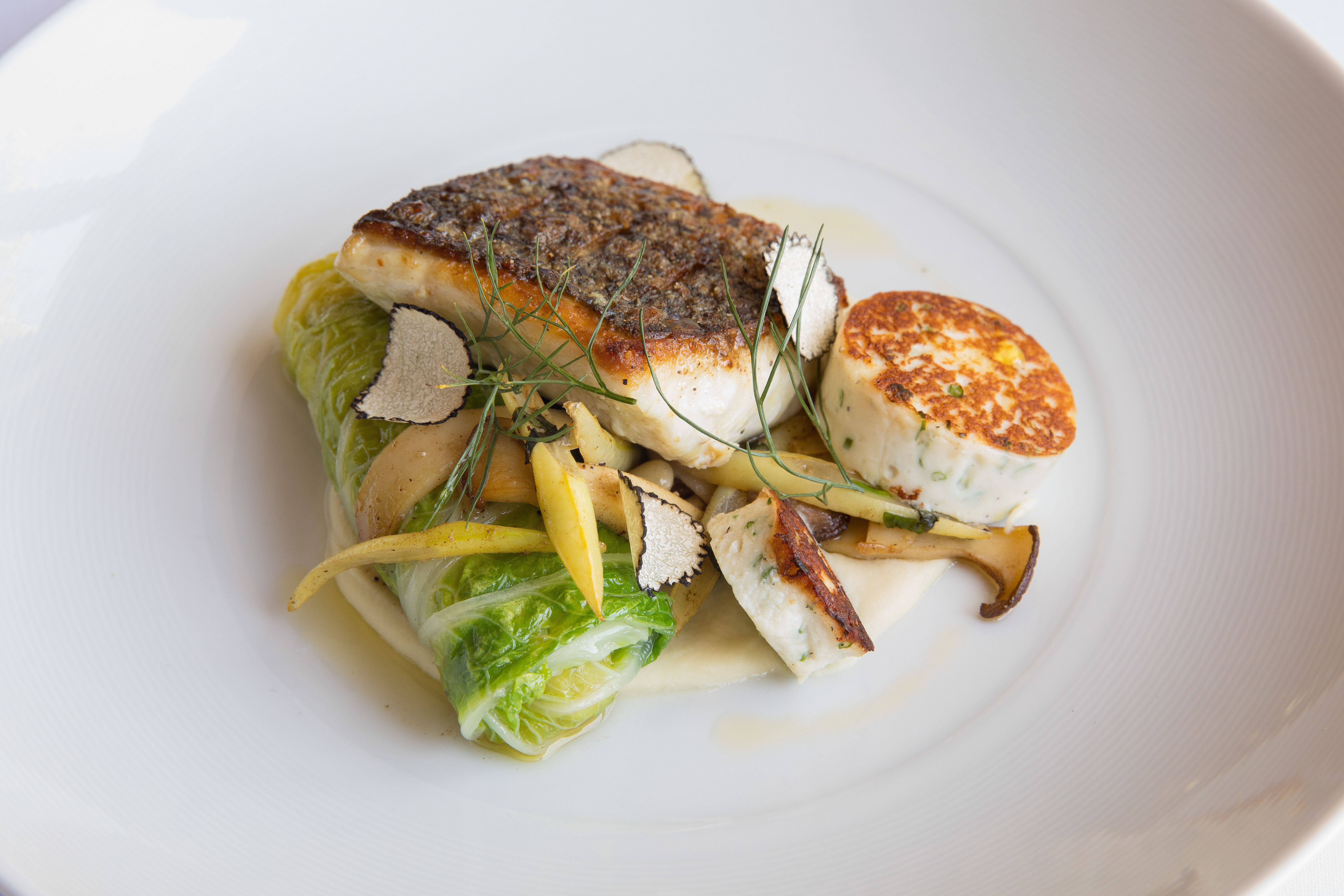 Striped bass with beans, cabbage, and truffle at Mooncusser Fish House
