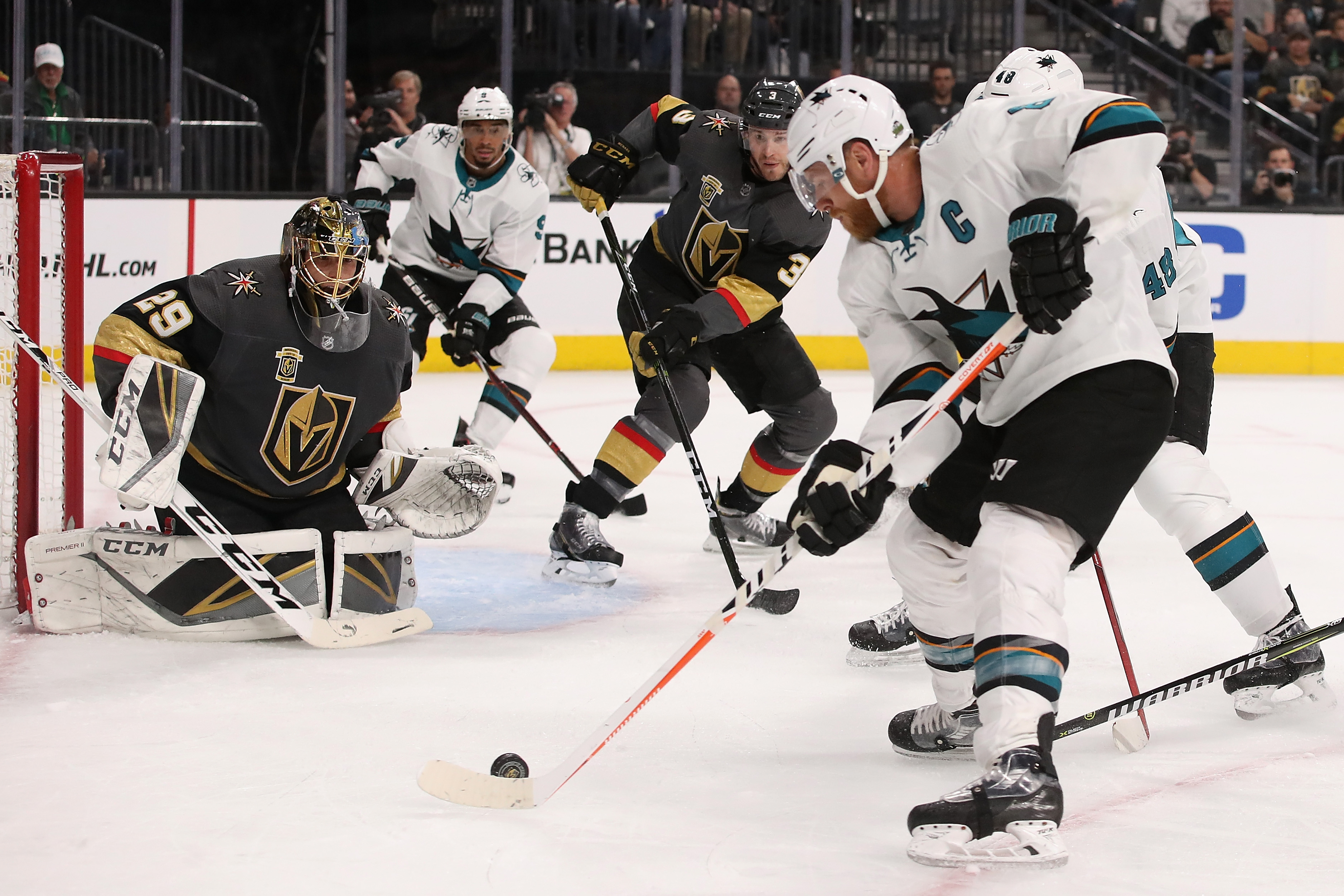 GLENDALE, NV - APRIL 26: Goaltender Marc-Andre Fleury #29 of the Vegas Golden Knights prepares to make a save on Joe Pavelski #8 of the San Jose Sharks in the first period Game One of the Western Conference Second Round during the 2018 NHL Stanley Cup Pla