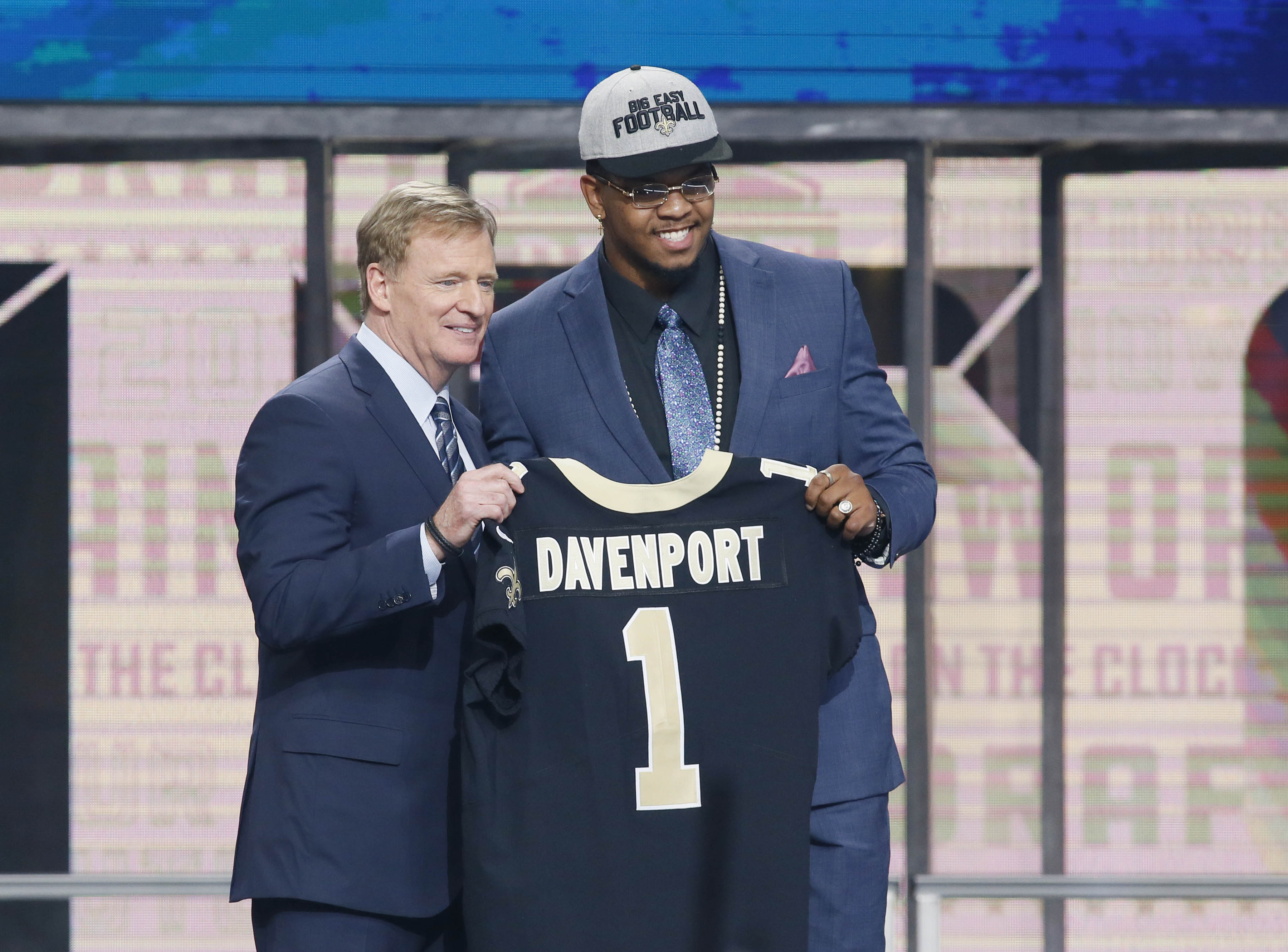 Arlington, TX - Marcus Davenport with NFL commissioner Roger Goodell  after being selected as the number fourteen overall pick to the New  Orleans Saints in the first round of the 2018 NFL Draft at AT&amp;T Stadium.