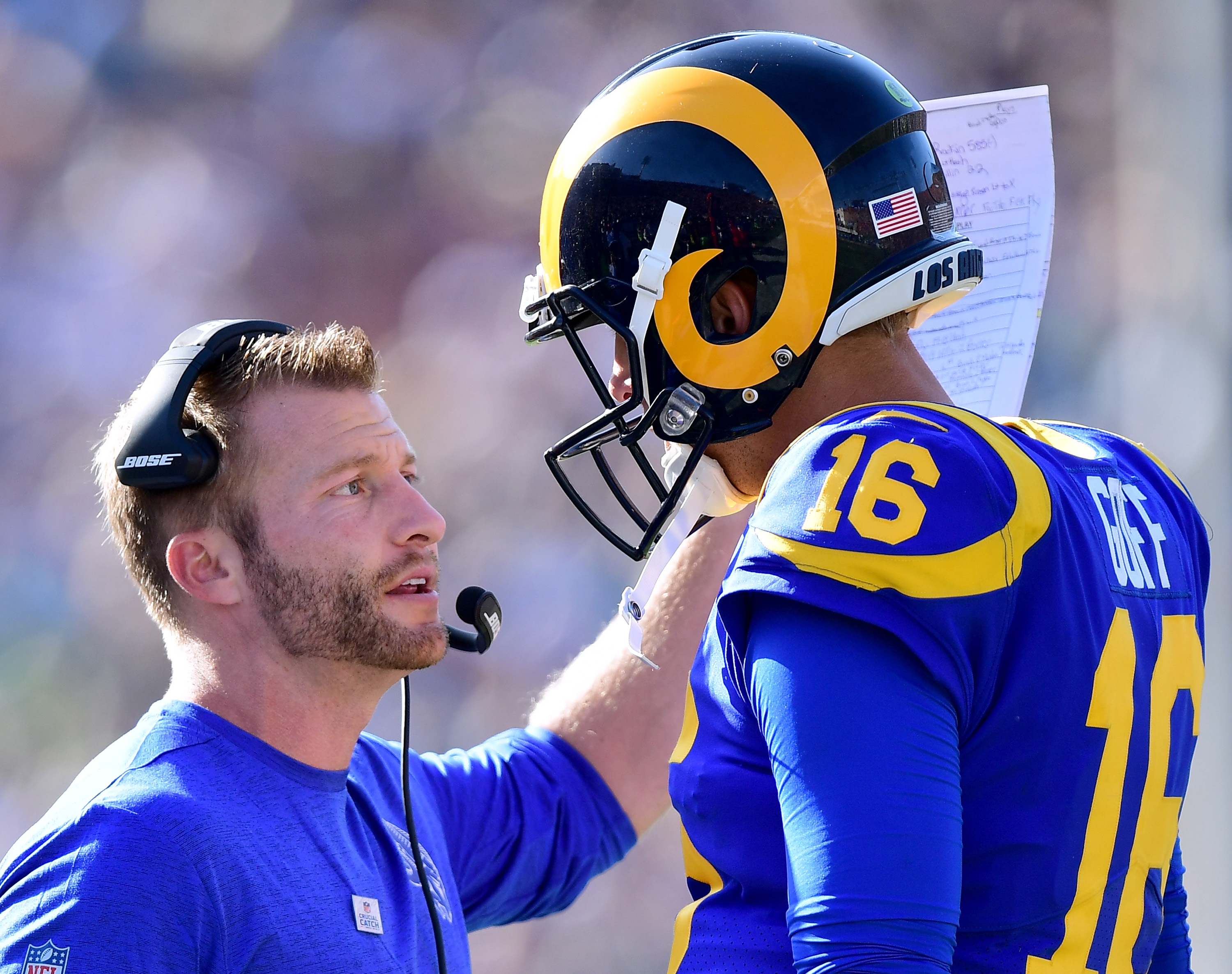 Los Angeles Rams Head Coach Sean McVay and QB Jared Goff talk during the Rams’ Week 5 10-16 loss to the Seattle Seahawks at the Los Angeles Memorial Coliseum, October 8, 2017.