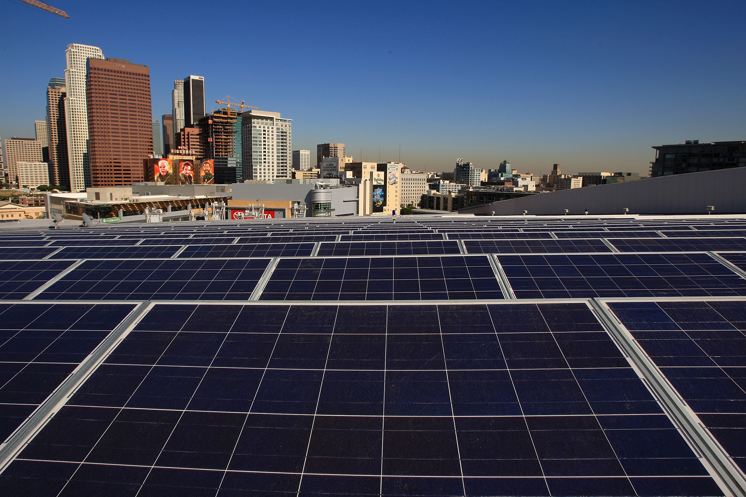 Schwarzenegger Speaks As Solar Power Project Finished Atop Staples Center