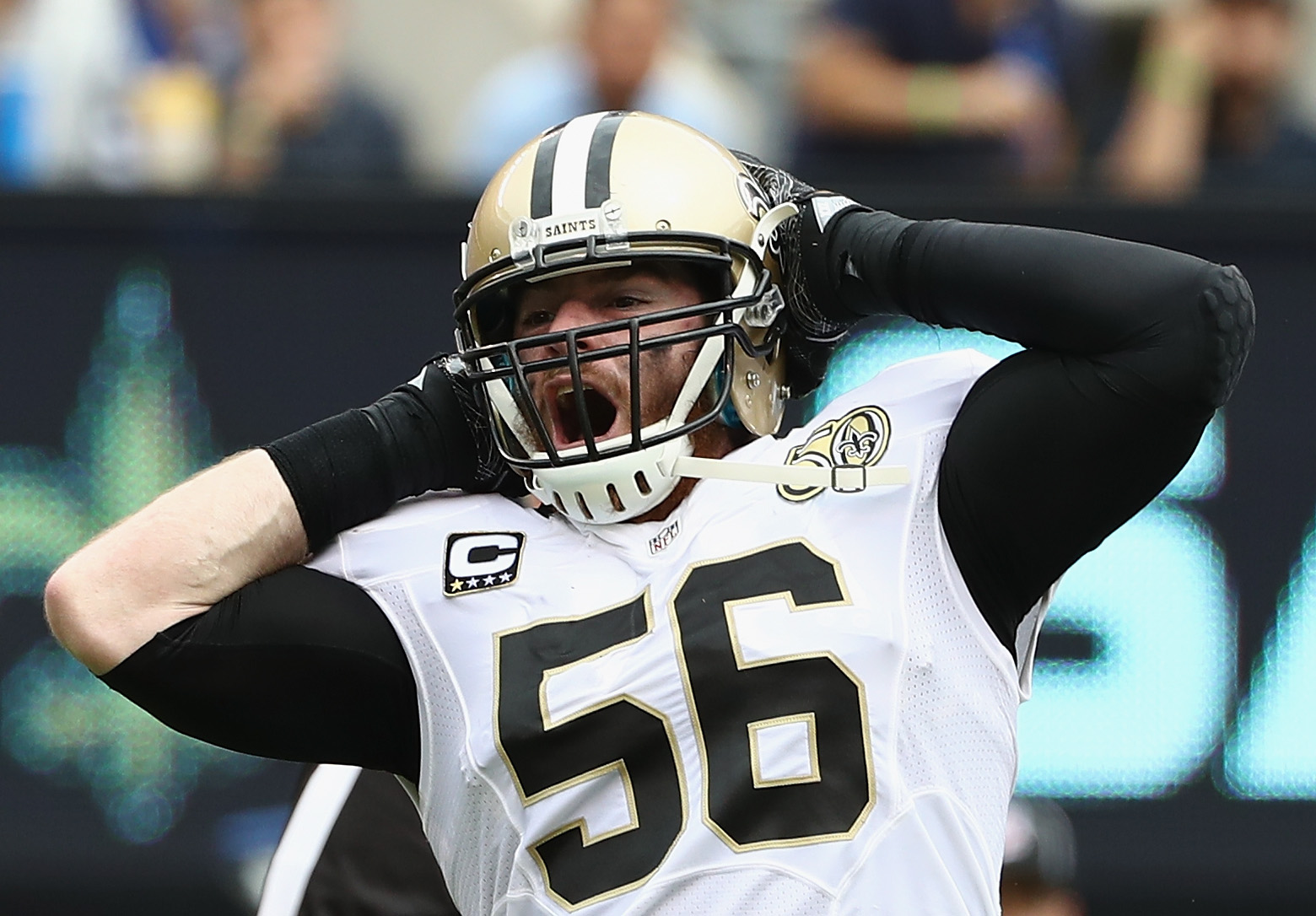 EAST RUTHERFORD, NJ - SEPTEMBER 18:  Michael Mauti #56 of the New  Orleans Saints reacts making a tackle for loss of yardage  against the New York Giants during the first half  at MetLife Stadium.
