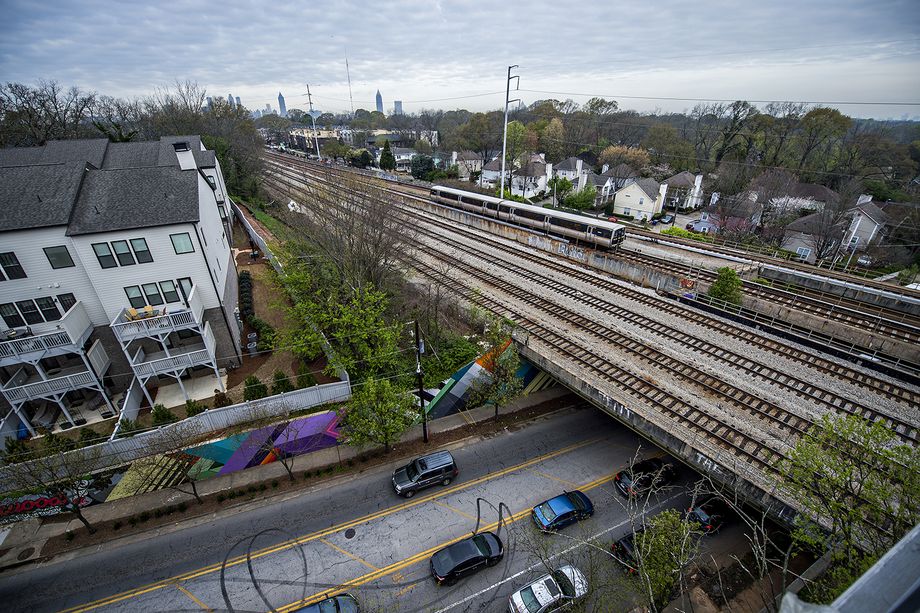 The Sky Deck view at MARTA’s Spoke development in Edgewood, overlooking Whitefoord Avenue, DeKalb Avenue, and the train tracks.