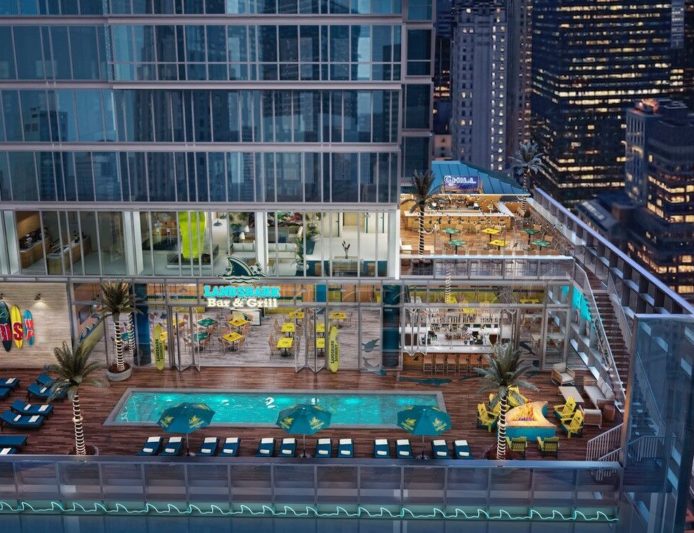 A rendering for a planned 29-story Margaritaville resort hotel recently unveiled for New York City near Times Square. Atlanta’s incarnation would be a few floors shorter.