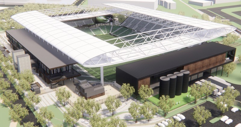 Overhead rendering of an open-roofed stadium
