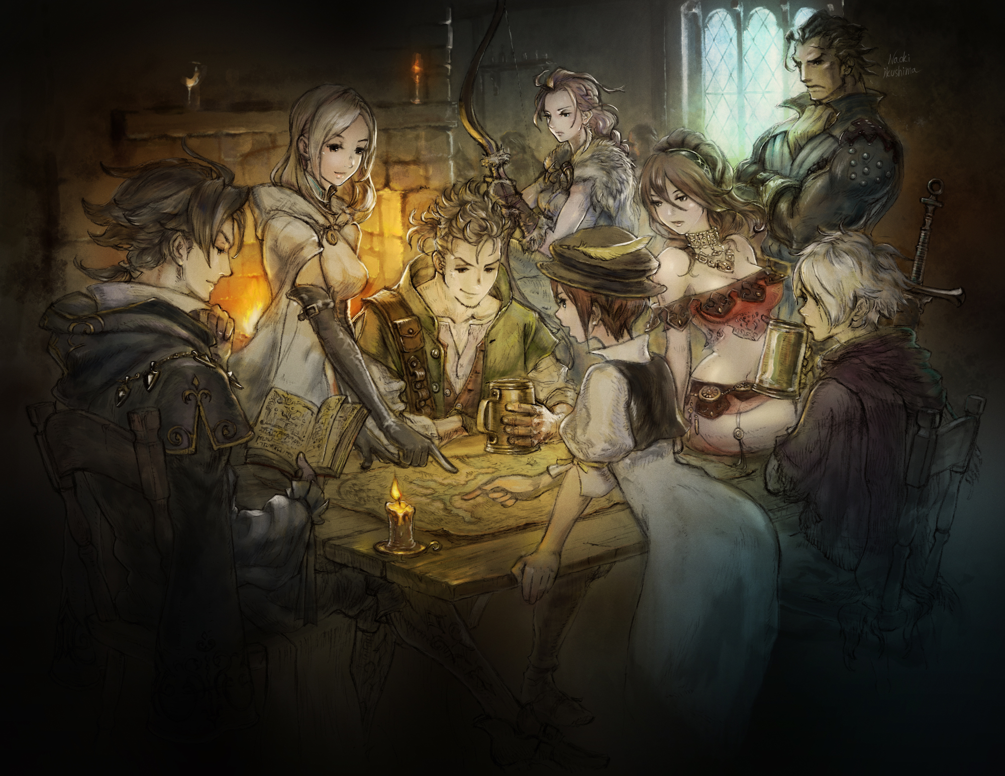 Octopath Traveler - artwork of characters standing around a tavern table looking at a map