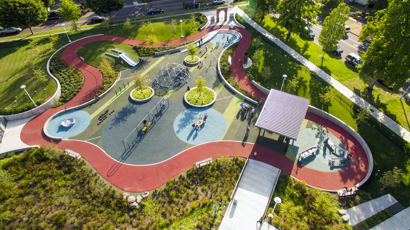 An aerial view of the Salem Rehab Adaptive Playground, an inclusive therapy and community play area designed in part by Portland-based Harper’s Playground.