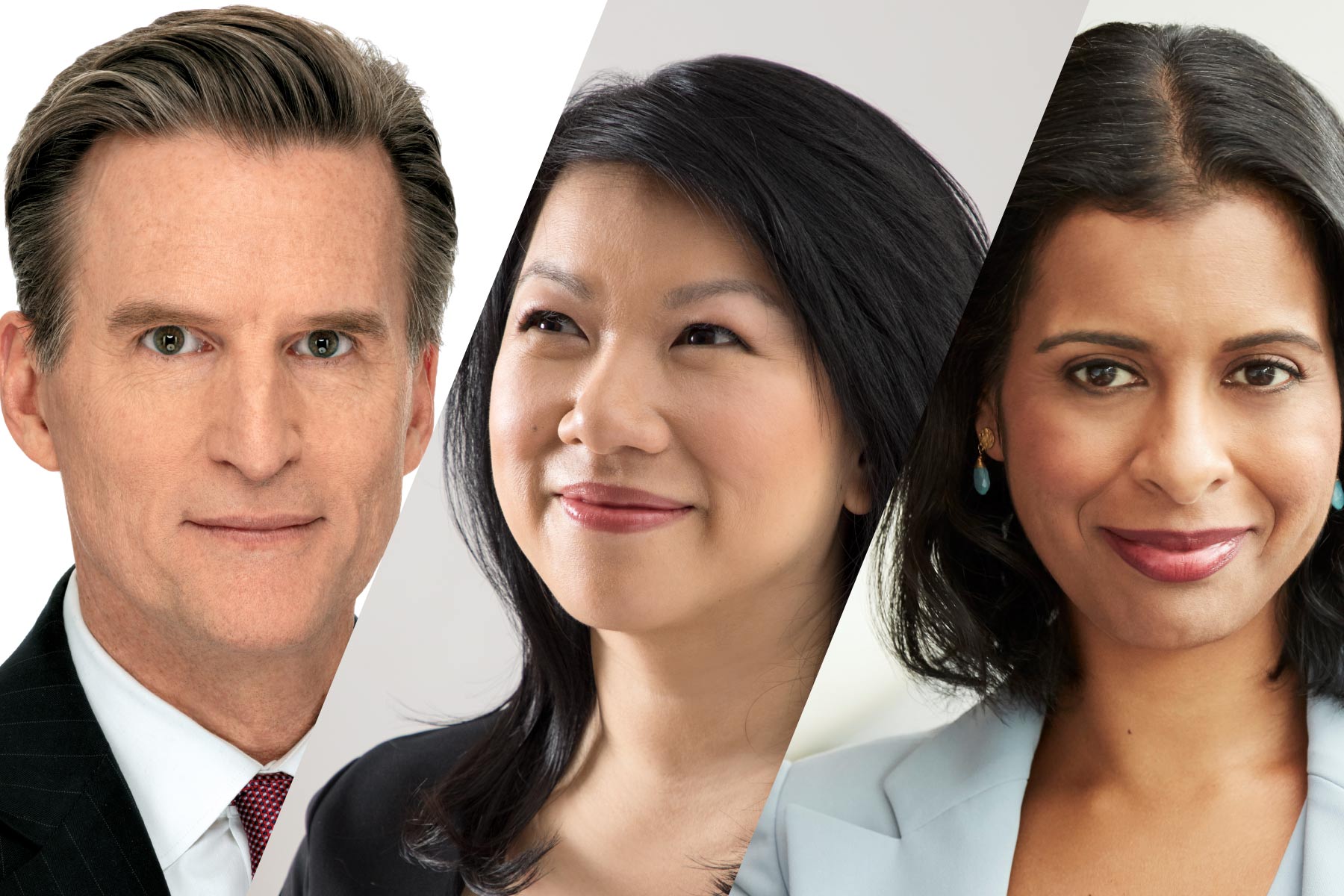 Headshots of Macy’s CEO Jeff Gennette, Zola CEO Shan-Lyn Ma, and Crate and Barrel CEO Neela Montgomery