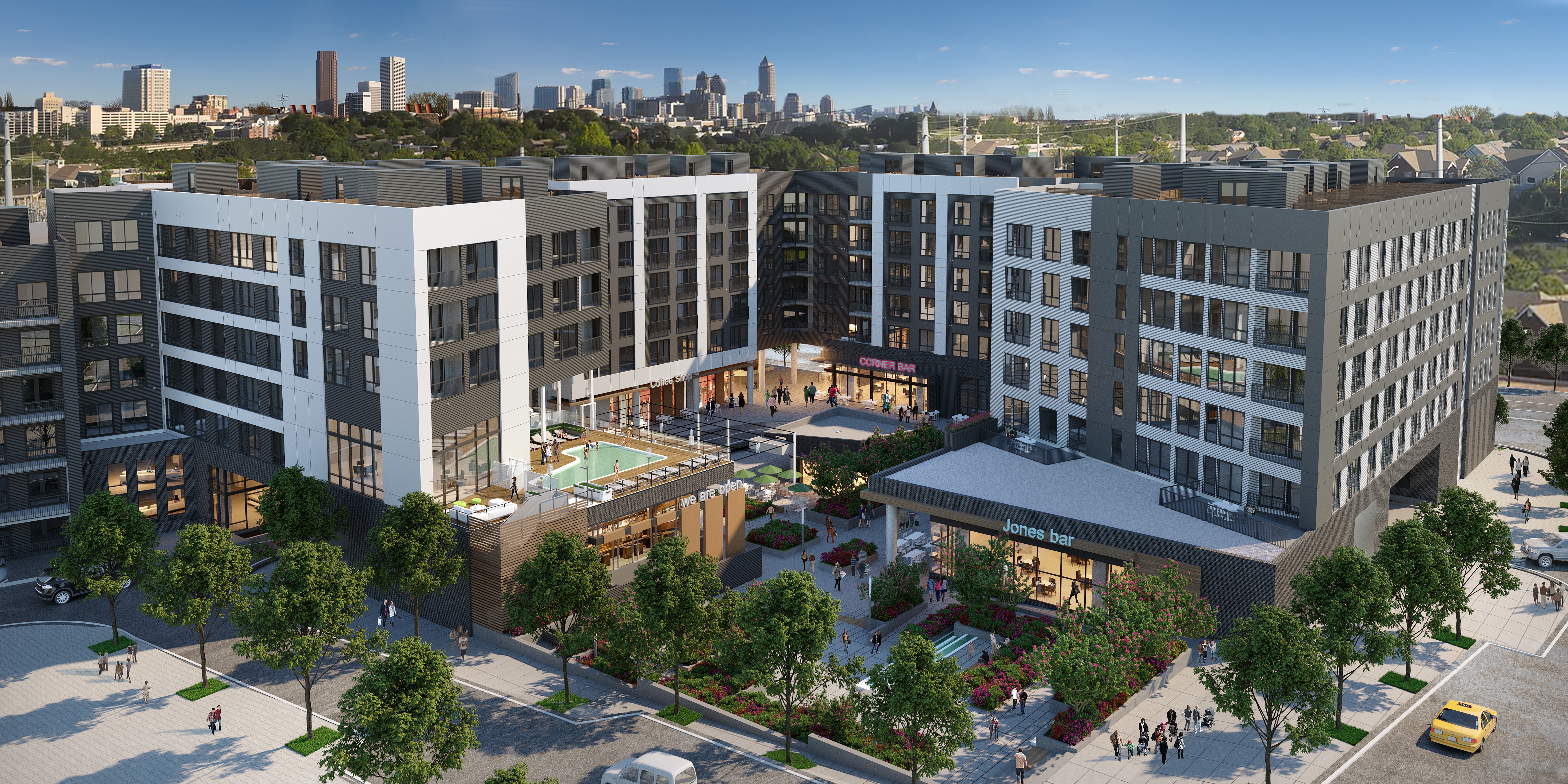The project’s open-air retail plaza, with a creative reimagining of Midtown’s skyline beyond.