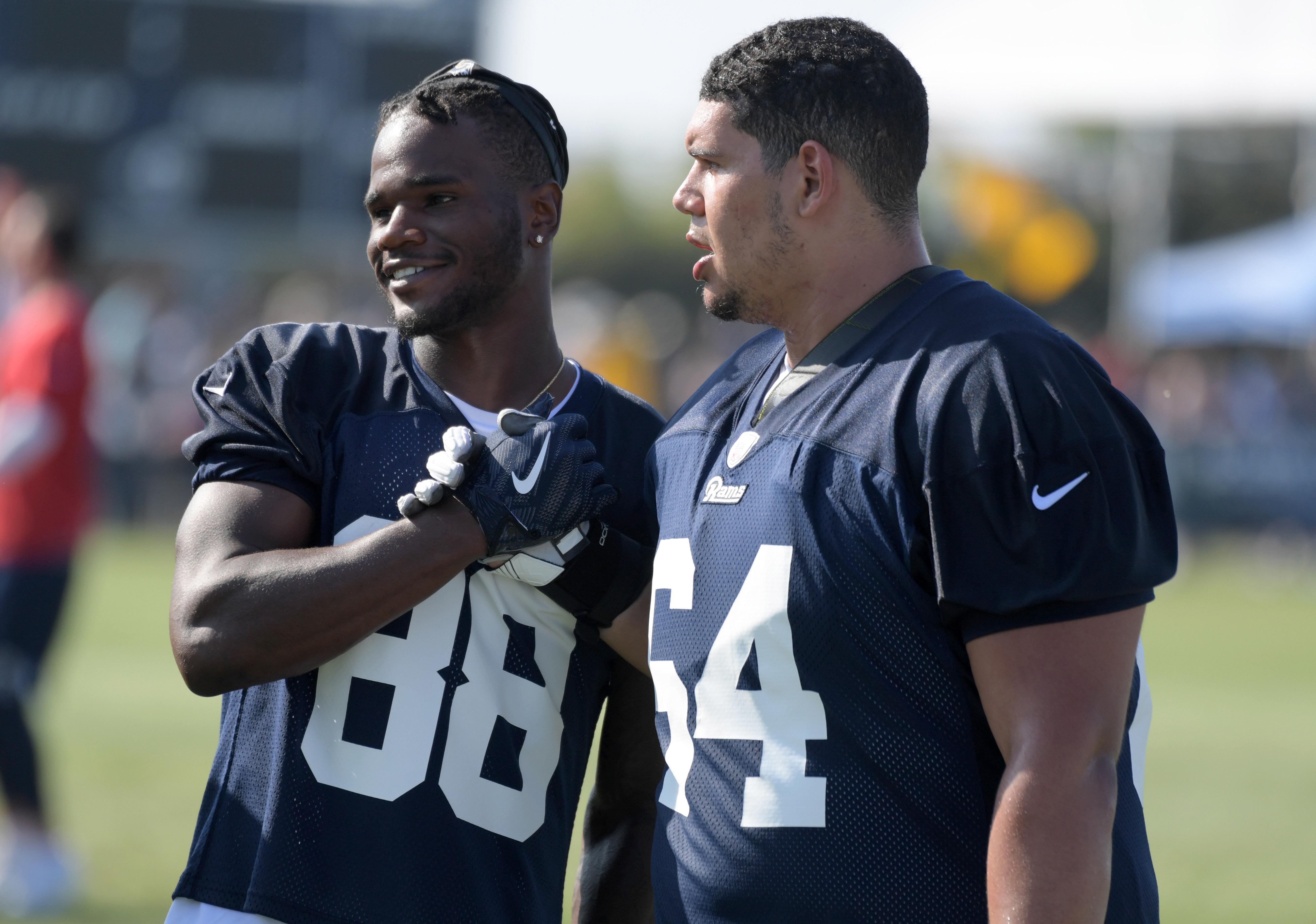 Los Angeles Rams WR Michael Thomas and OL Jamil Demby during training camp, July 28, 2018.