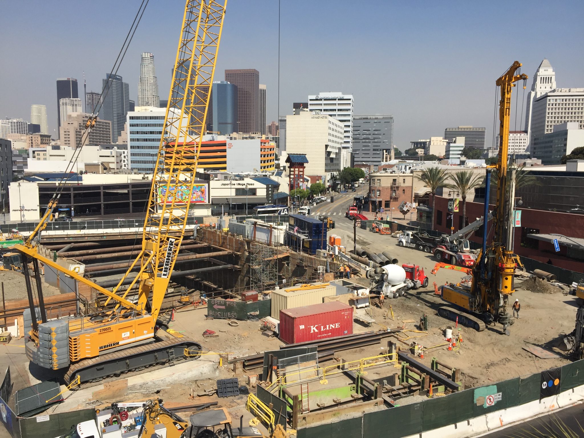 An aerial view of a construction site at the Little Tokyo, Arts District station in Los Angeles.