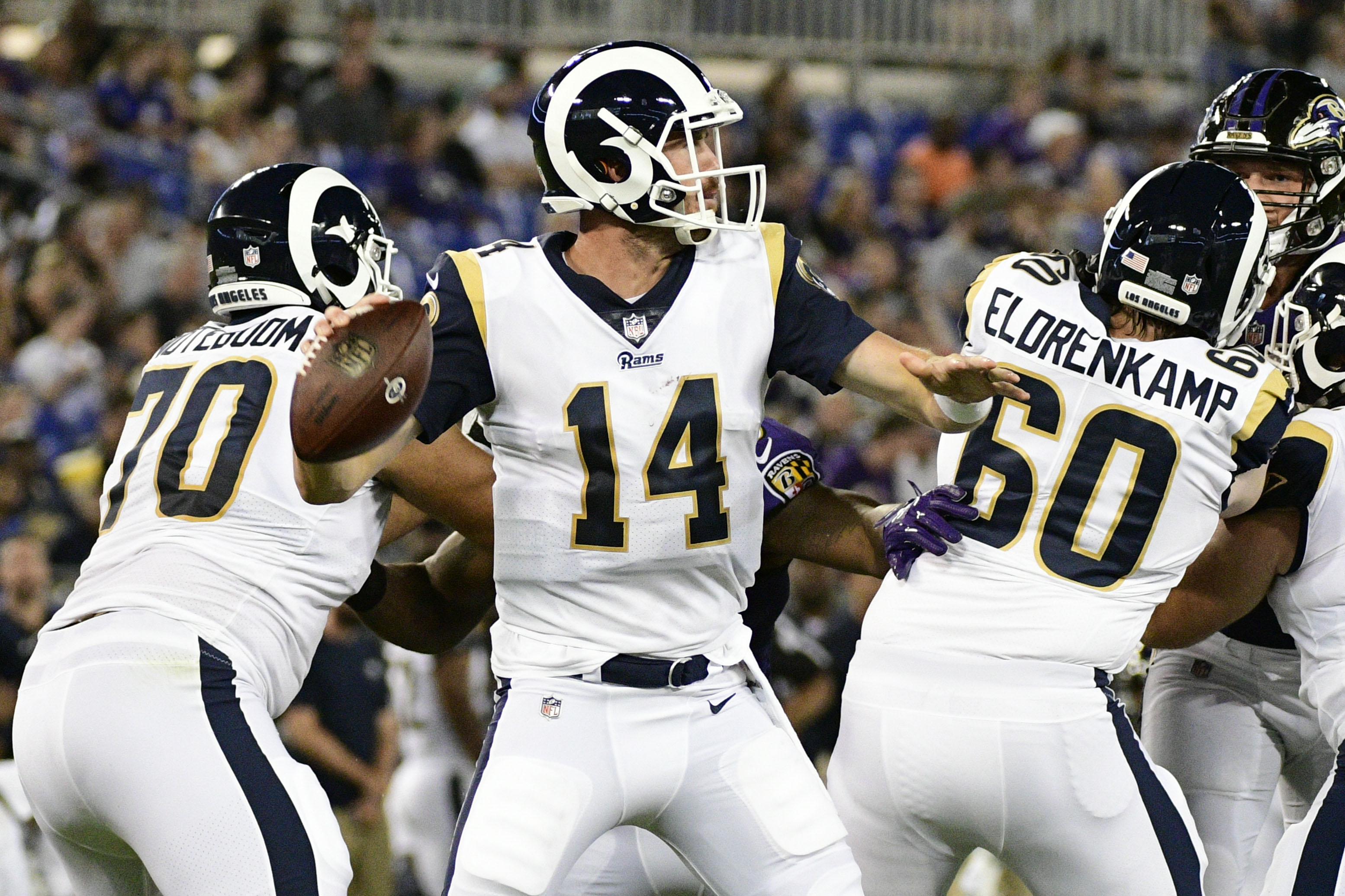 Los Angeles Rams QB Sean Mannion looks to pass against the Baltimore Ravens in the Rams’ preseason opener, August 9, 2018.