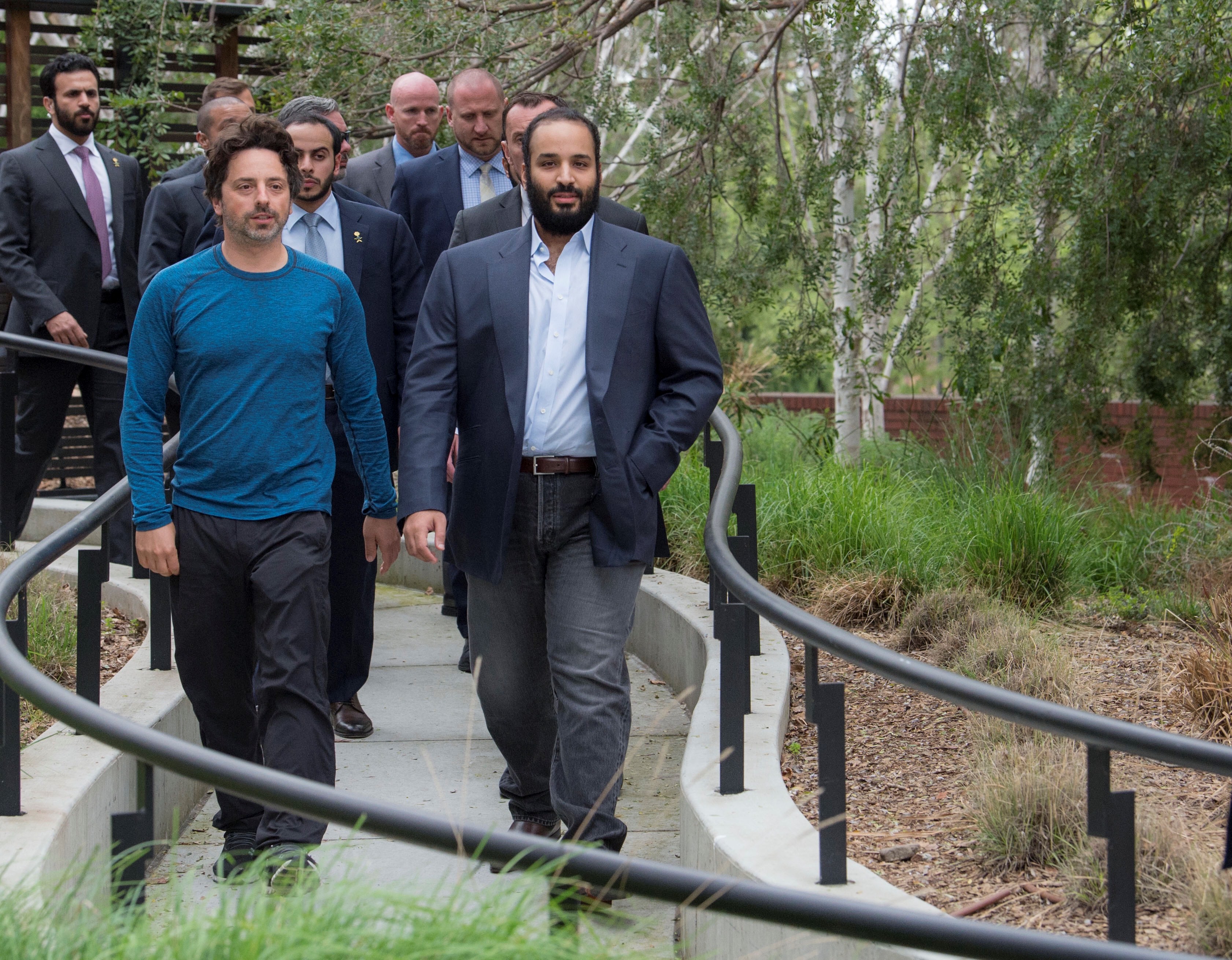 Crown Prince of Saudi Arabia Mohammed bin Salman Al Saud walking on the Google campus with Google co-founder Sergey Brin
