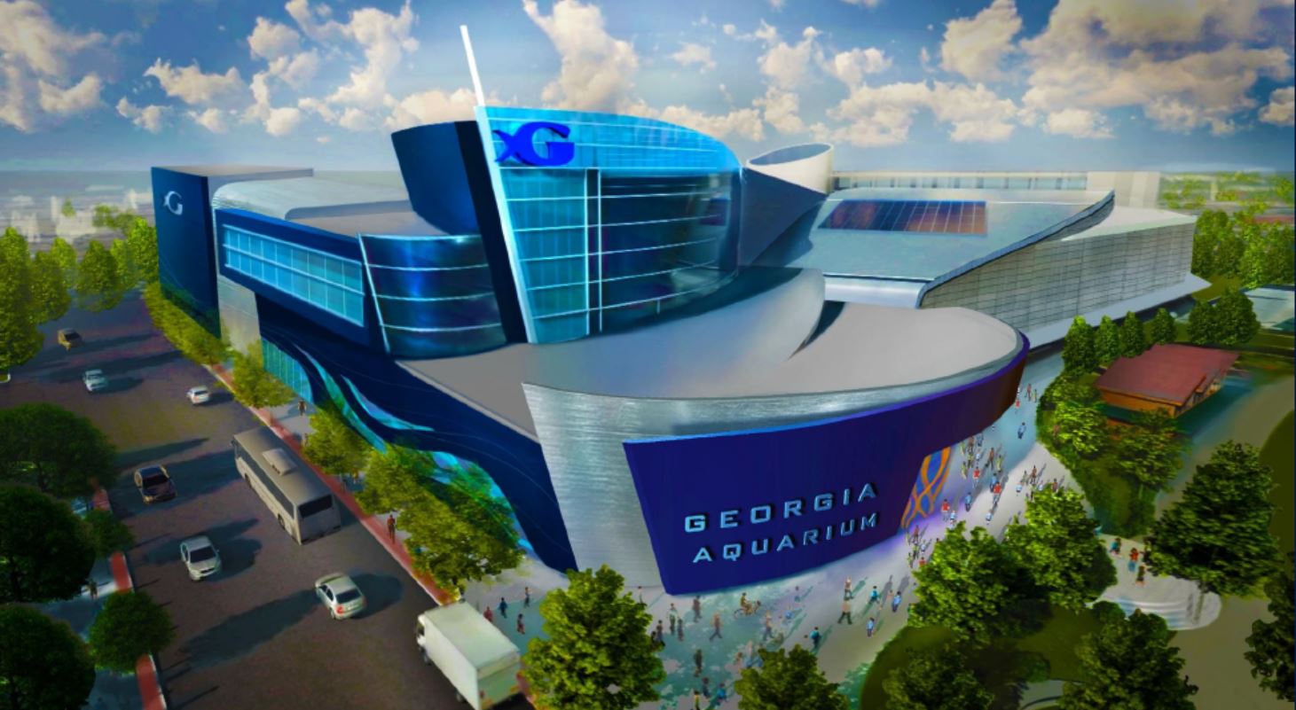 A rendering of a curving new blue addition to the Aquarium.