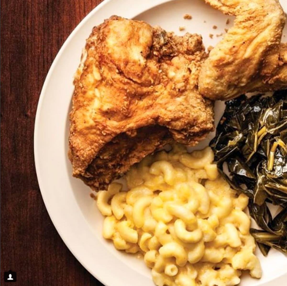 Fried chicken, collards, and mac and cheese from Busy Bee Cafe in Vine City Atlanta.