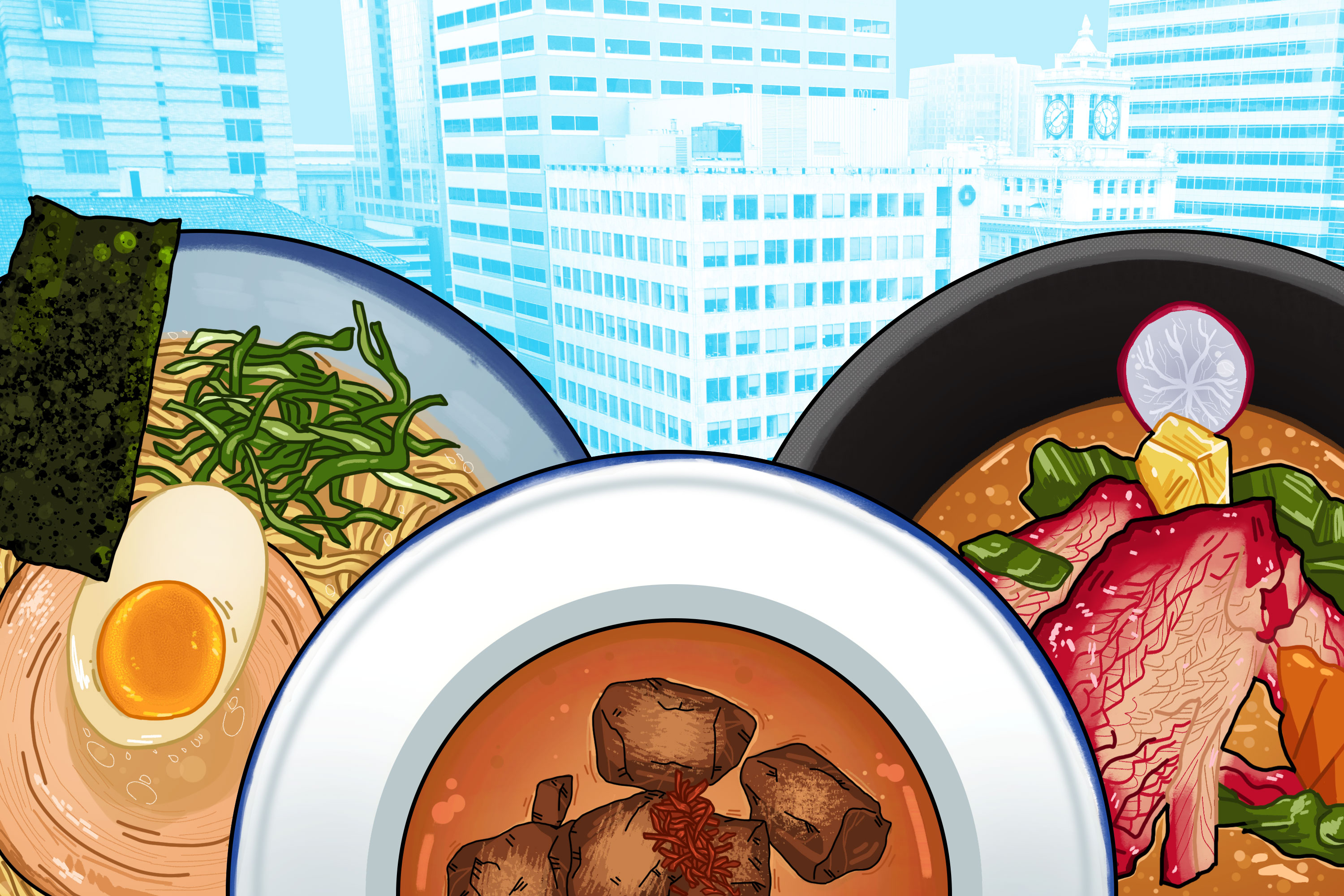 Illustrations of three soup bowls
