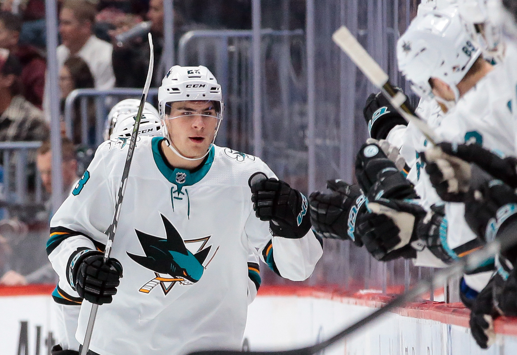 Jan 18, 2018; Denver, CO, USA; San Jose Sharks right wing Timo Meier (28) celebrates after his goal in the second period against the Colorado Avalanche at the Pepsi Center.