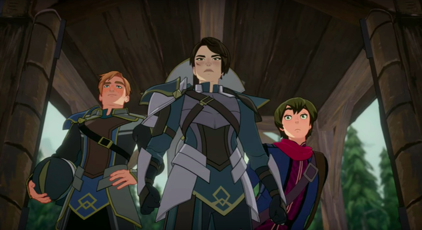 The Dragon Prince - General Amaya (center), her interpreter, Commander Gren (left), and Prince Callum (right)