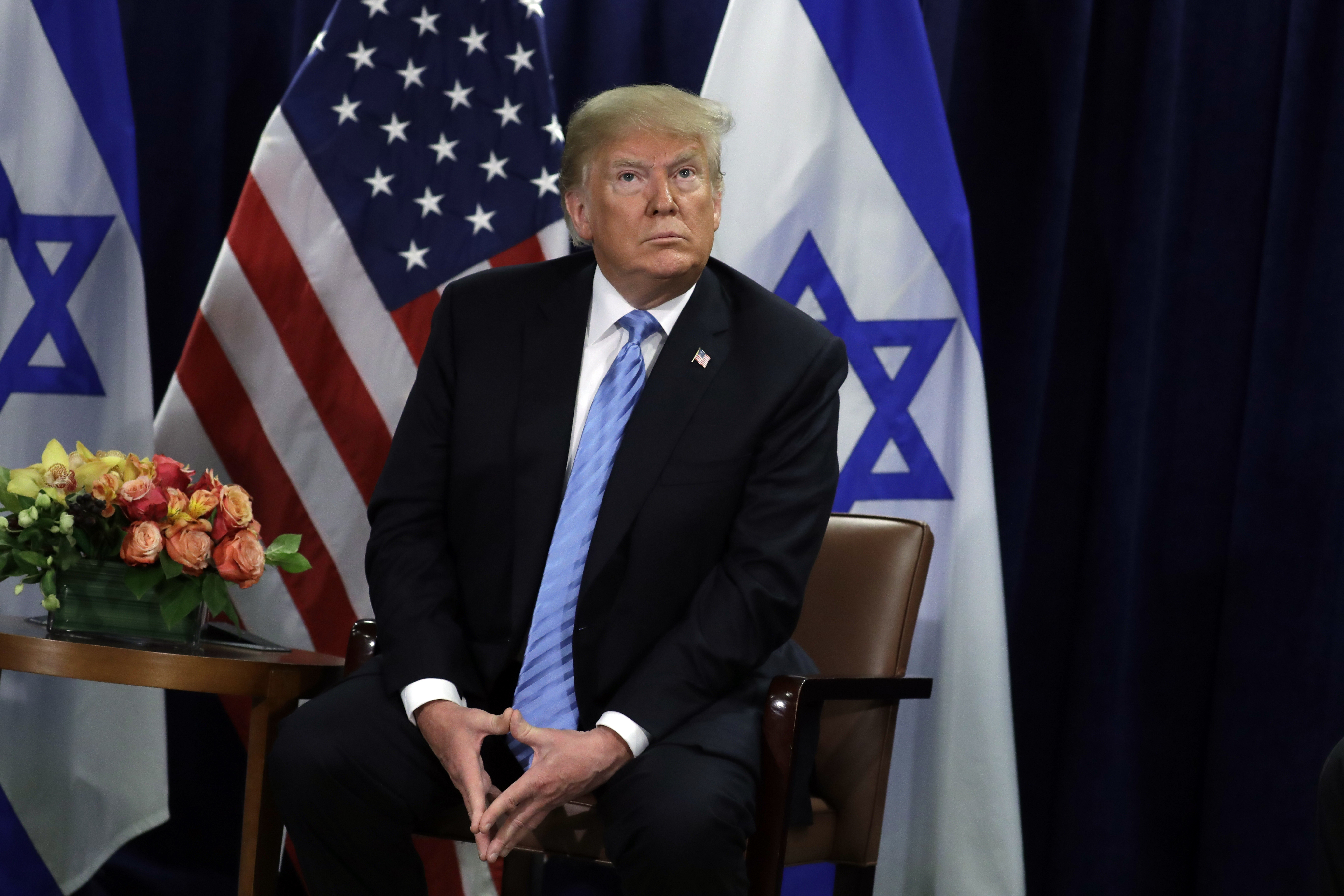 President Donald Trump listens at his meeting with Israeli Prime Minister Benjamin Netanyahu at the United Nations General Assembly on Wednesday, Sept. 26, 2018, at U.N. Headquarters.