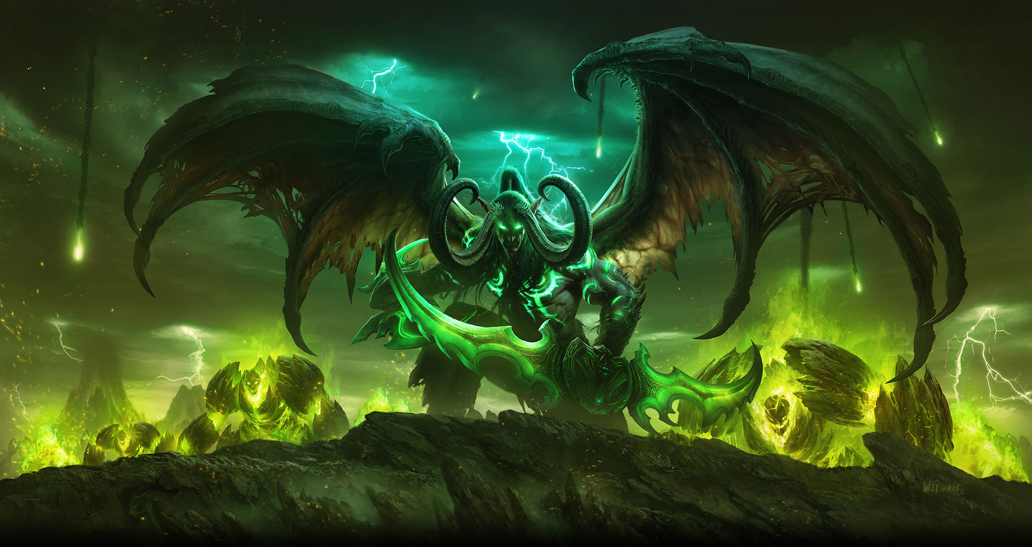 Illidan Stormrage — a Night Elf/Demon hybrid with giant bat wings and horns — poses on a green rock with his warglaives in the box art for the World of Warcraft: Legion expansion