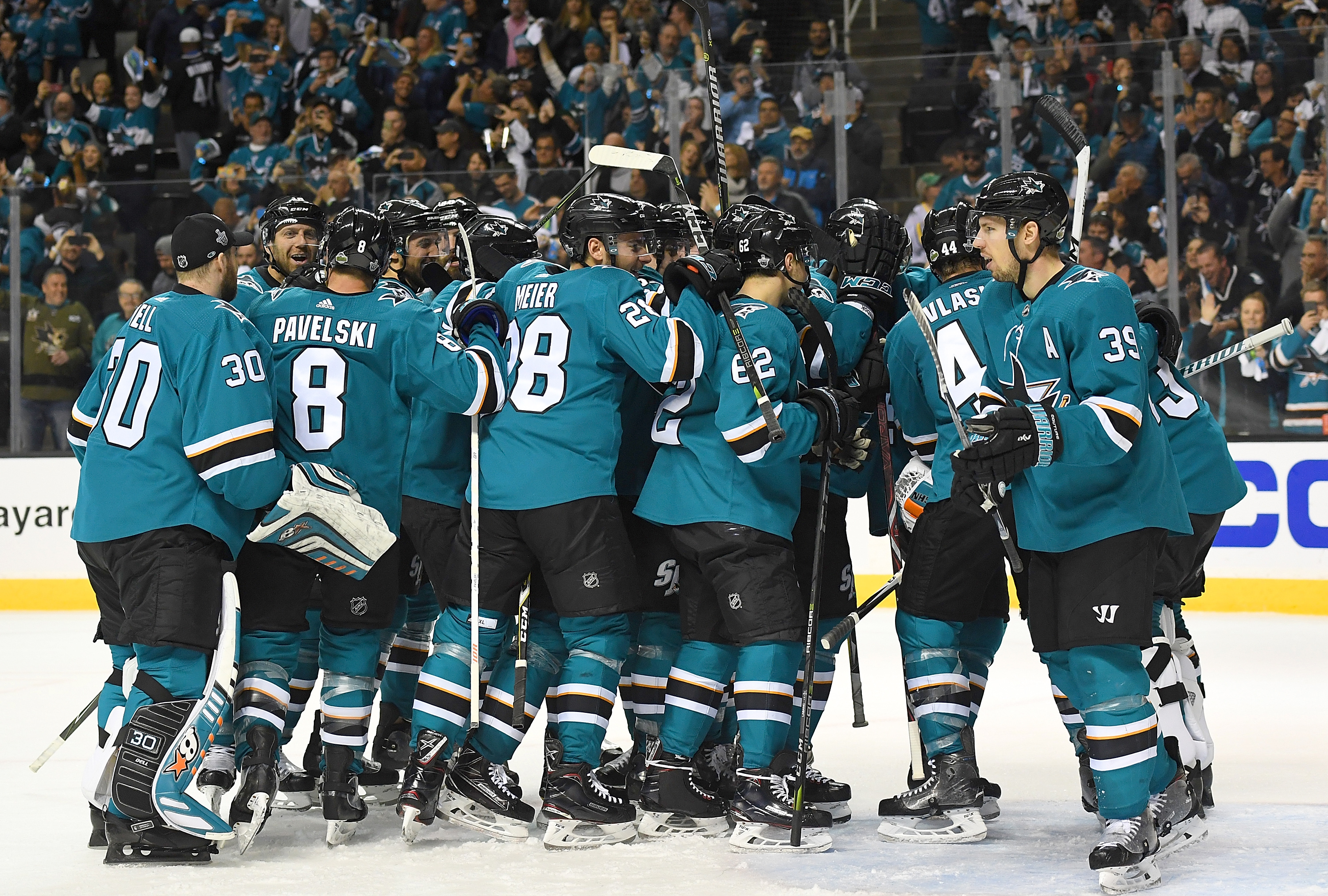 SAN JOSE, CA - APRIL 18: The San Jose Sharks celebrate after defeating the Anaheim Ducks 2-1 in Game Four of the Western Conference First Round during the 2018 NHL Stanley Cup Playoffs at SAP Center on April 18, 2018 in San Jose, California. The Sharks wo