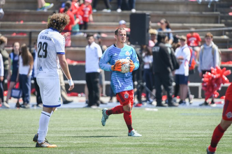USL Photo - Toronto FC II’s Tim Kubel puts on the goalkeeper’s kit to step between the posts with Angelo Cavalluzzo injured against Penn FC