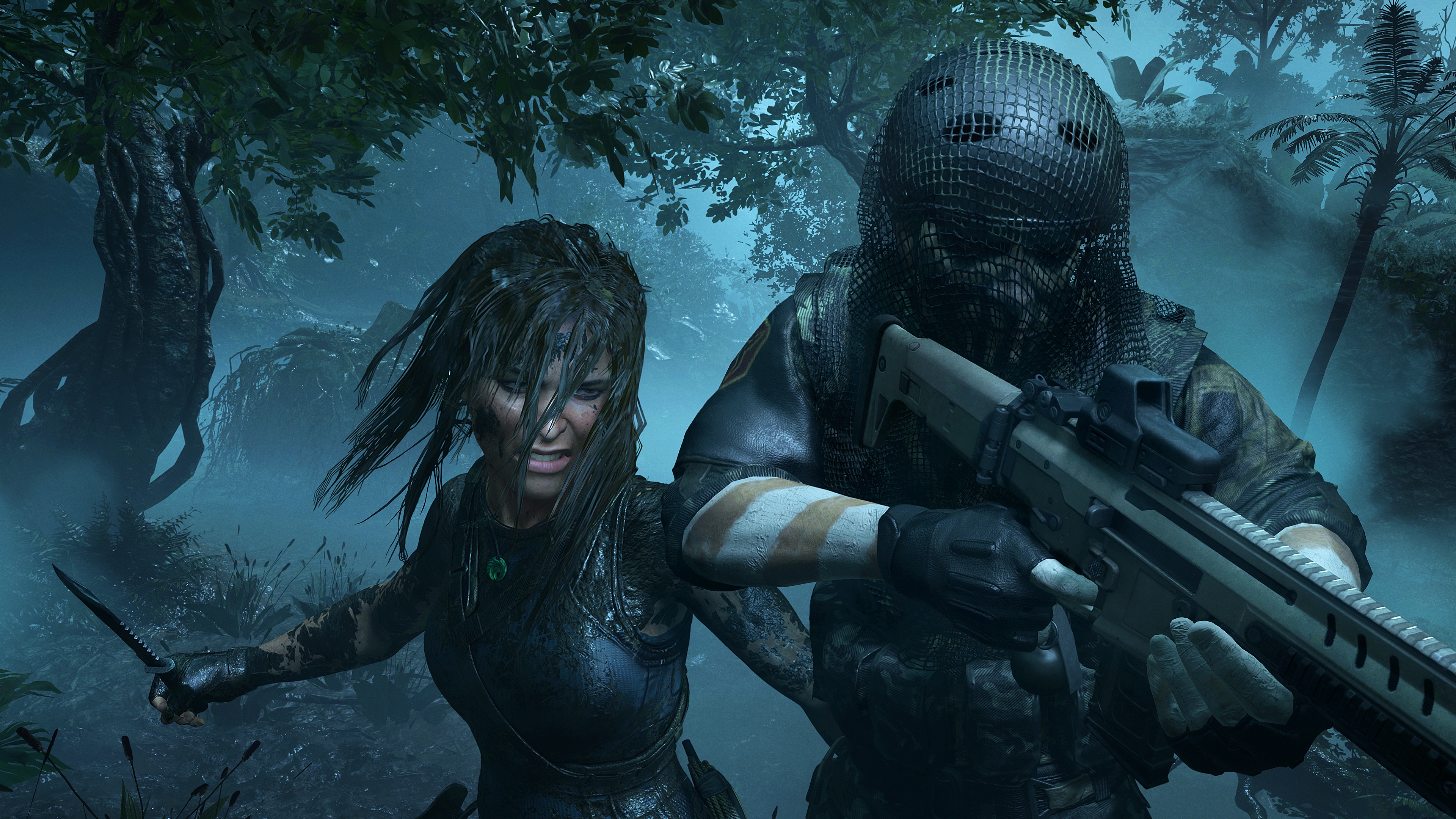 Shadow of the Tomb Raider - Lara about to stab an enemy soldier from behind