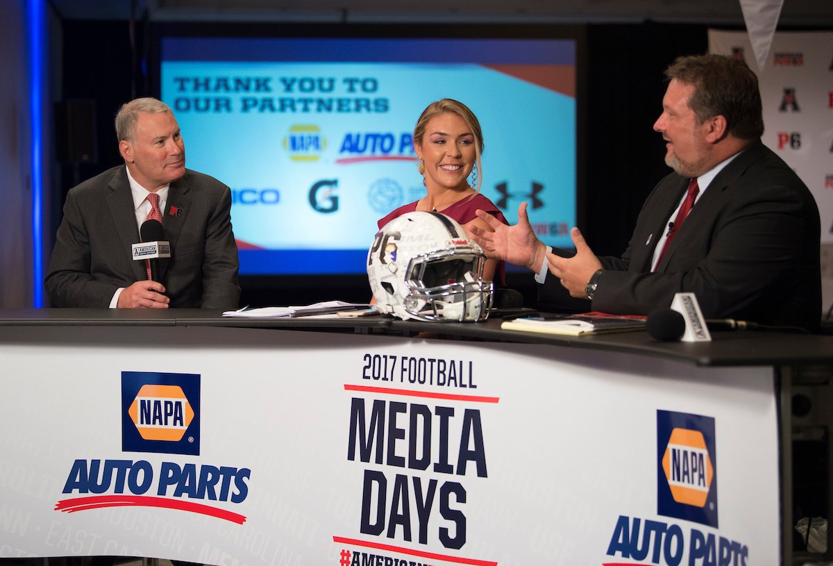 Hali Oughton (center) hosts AAC Media Days in Newport, Rhode Island (Photo: American Athletic Conference)