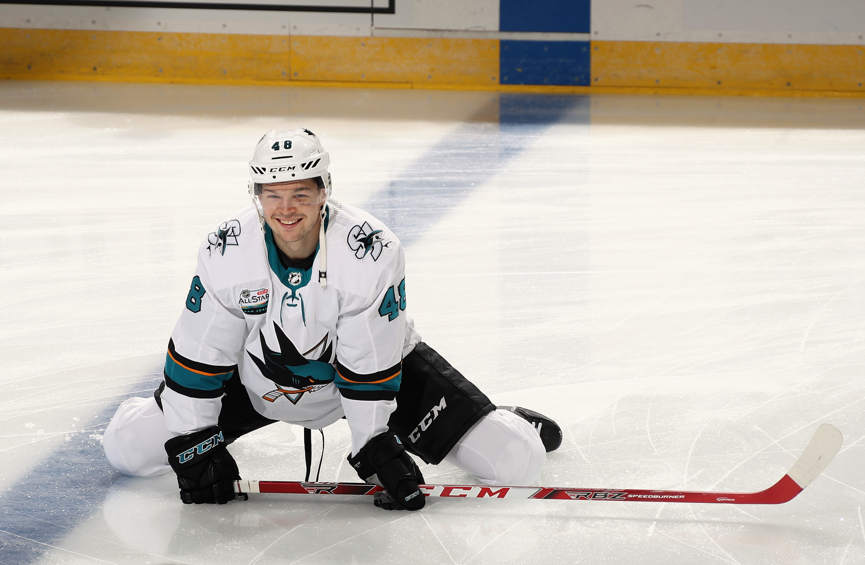 NEWARK, NJ - OCTOBER 14: Tomas Hertl #48 of the San Jose Sharks stretches in warm-ups prior to the game against the New Jersey Devils at the Prudential Center on October 14, 2018 in Newark, New Jersey.